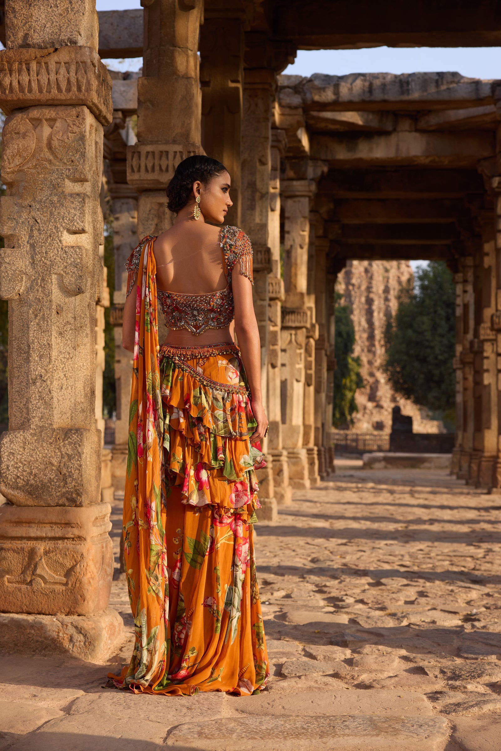 Orange Printed Embellished Drape Saree Set
