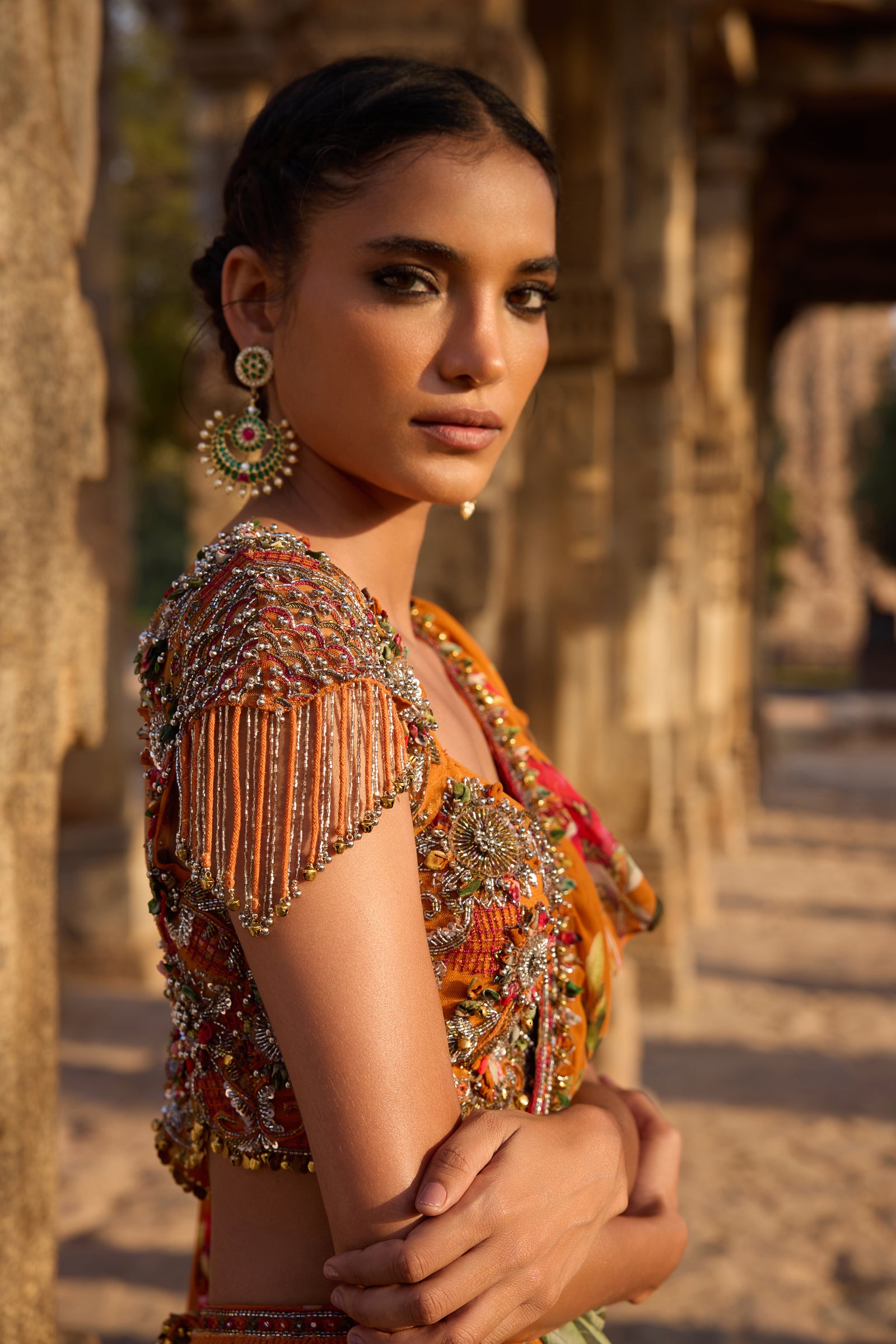 Orange Printed Embellished Drape Saree Set