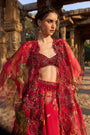 Fuchsia Printed Embellished Cape Set Paired With Skirt And Embellished Bustier