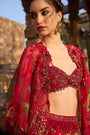 Fuchsia Printed Embellished Cape Set Paired With Skirt And Embellished Bustier
