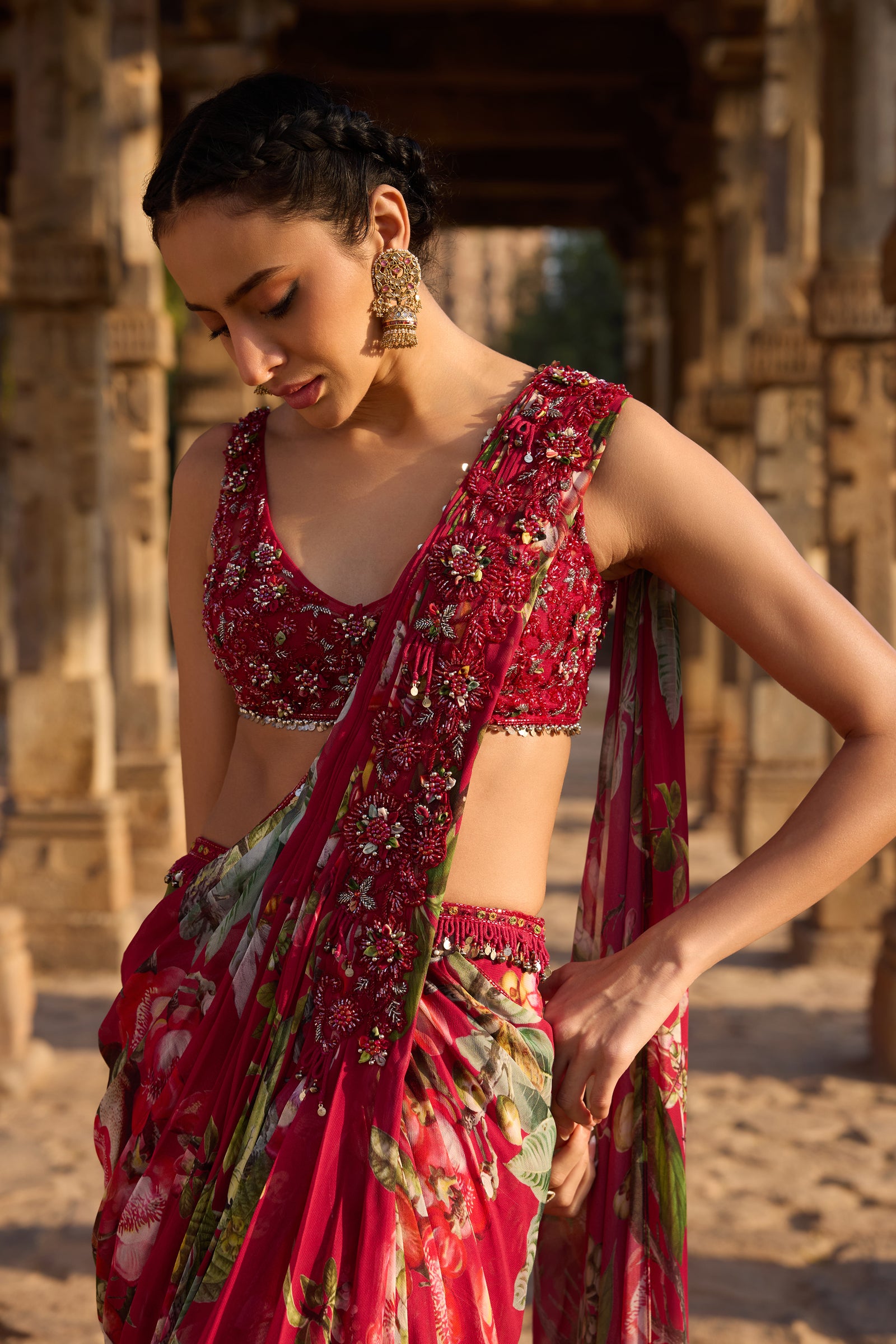 Fuchsia Printed Embellished Drape Saree