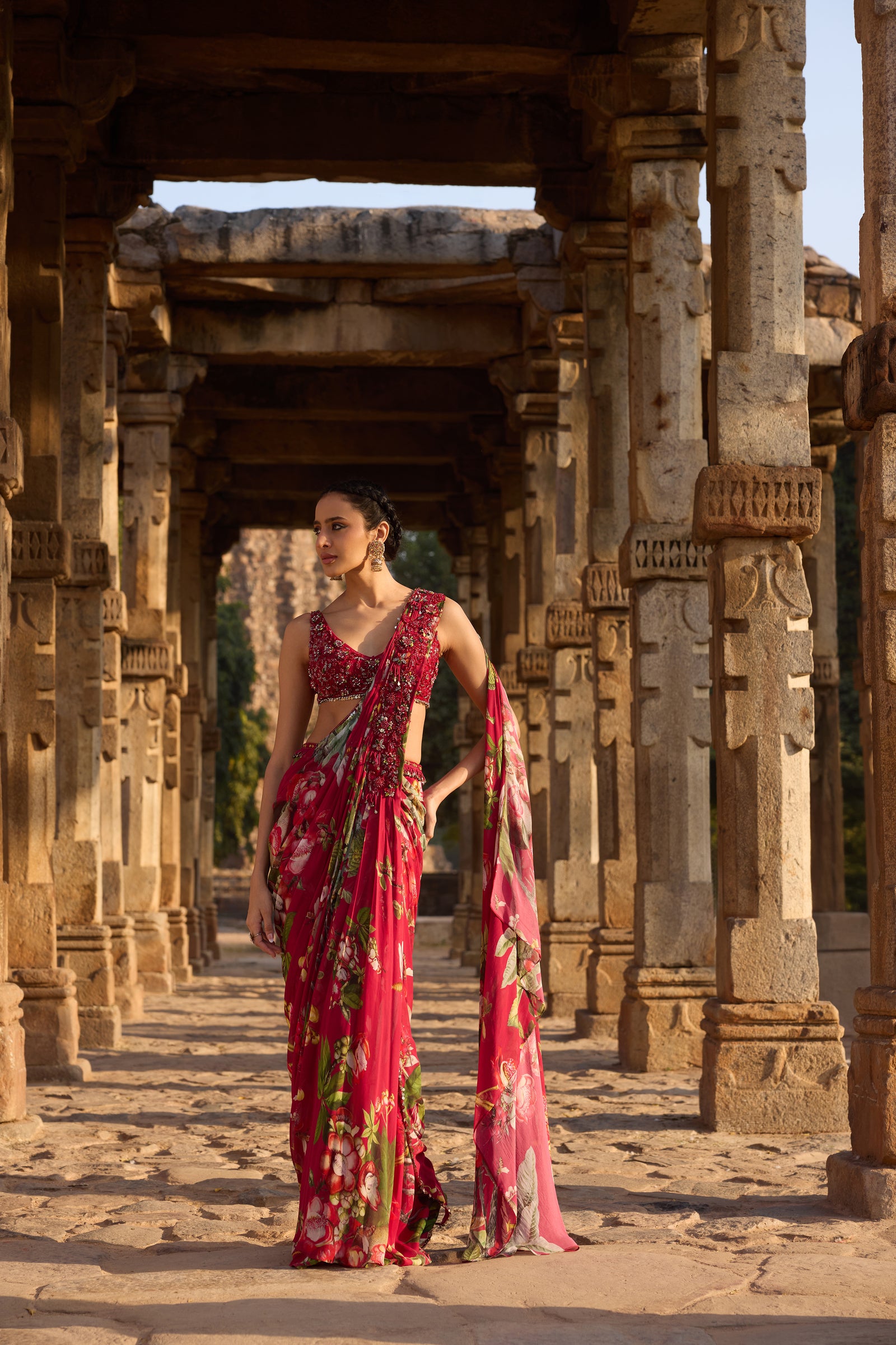 Fuchsia Printed Embellished Drape Saree
