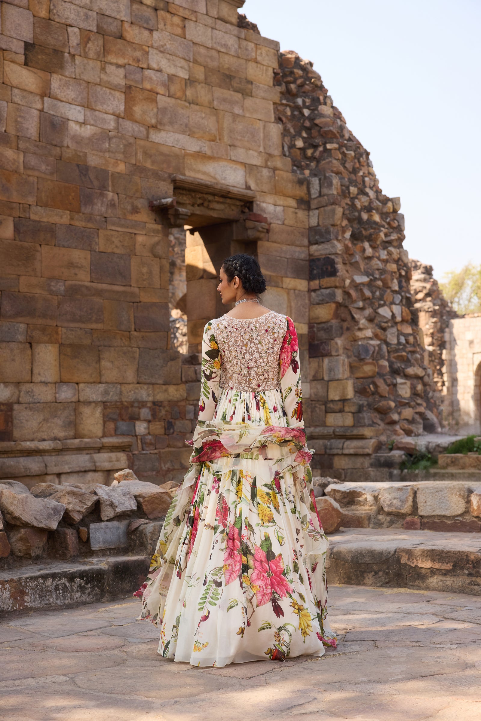 Ivory Printed Embellished Anarkali Set