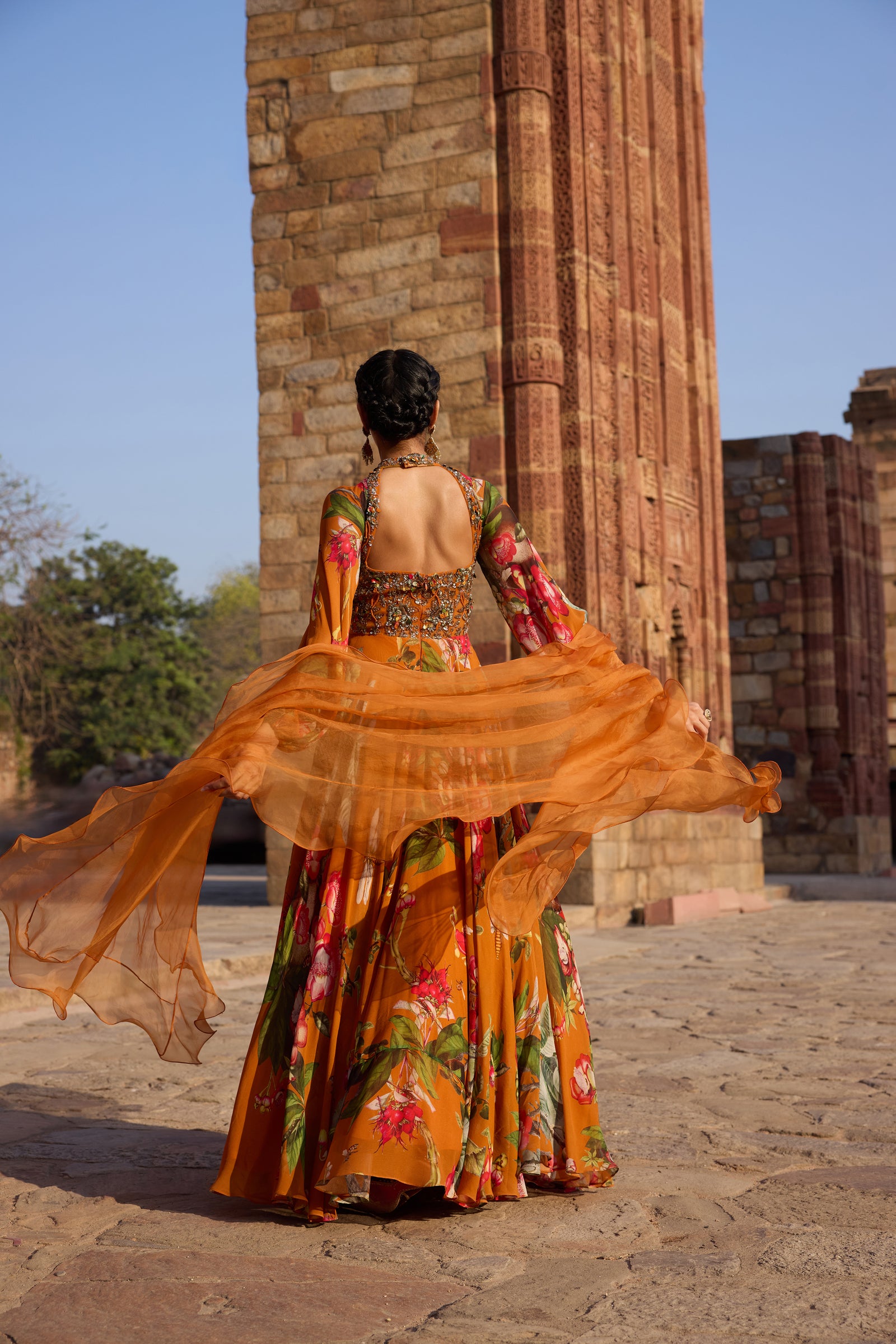 Orange Printed Embellished Anarkali Set