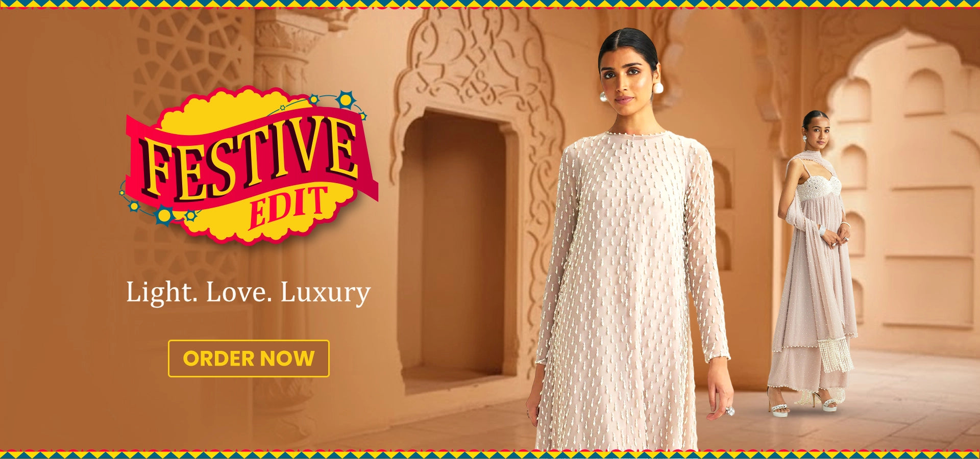 Woman in a white dress with 'Festive Edit' branding on a brown background