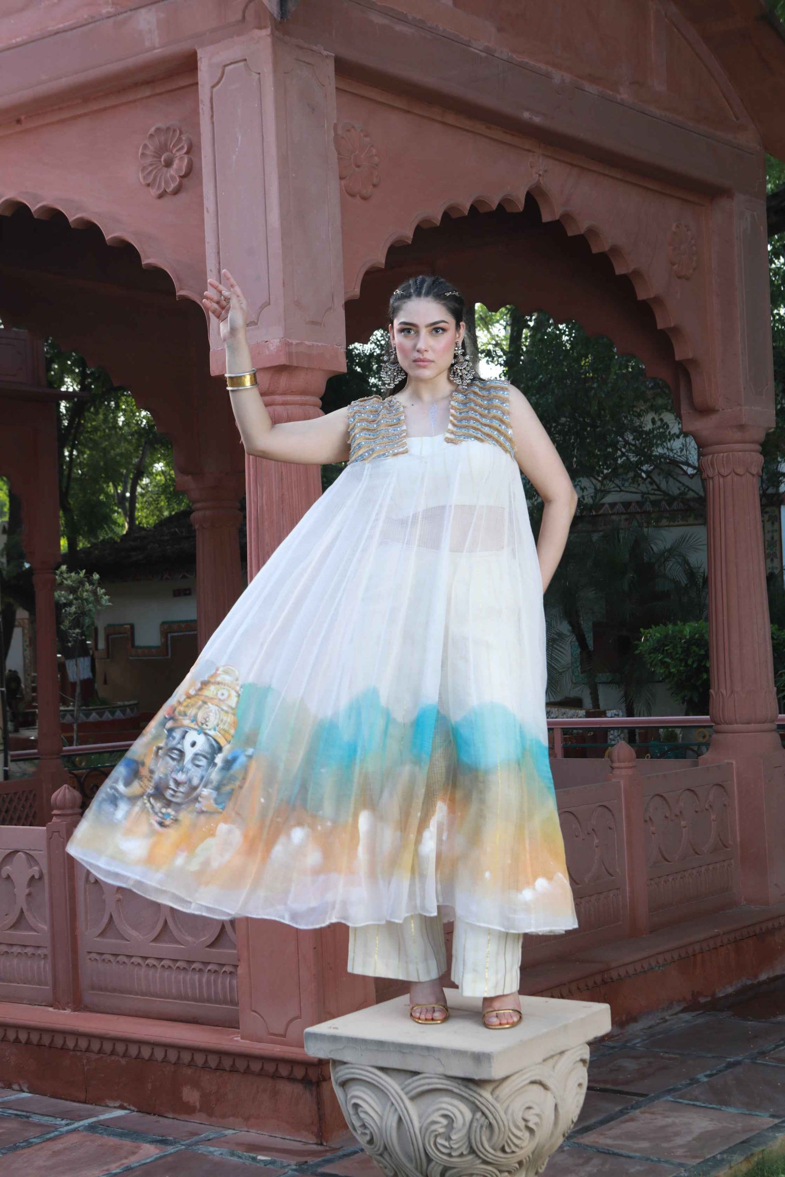 Hand Painted Kota Doria Kurta And Cotton Tube And Pants