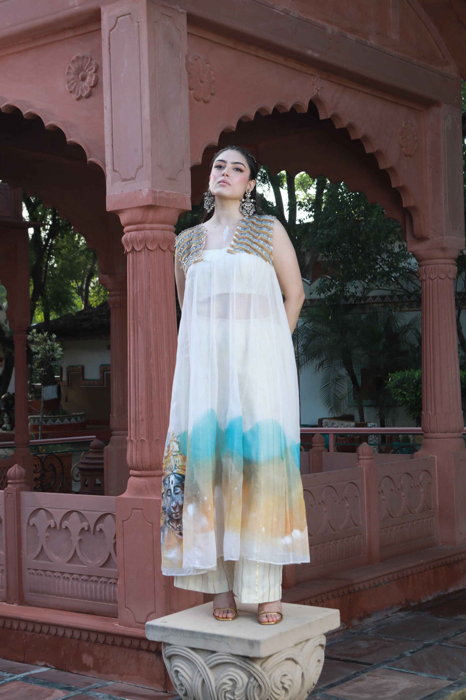 Hand Painted Kota Doria Kurta And Cotton Tube And Pants