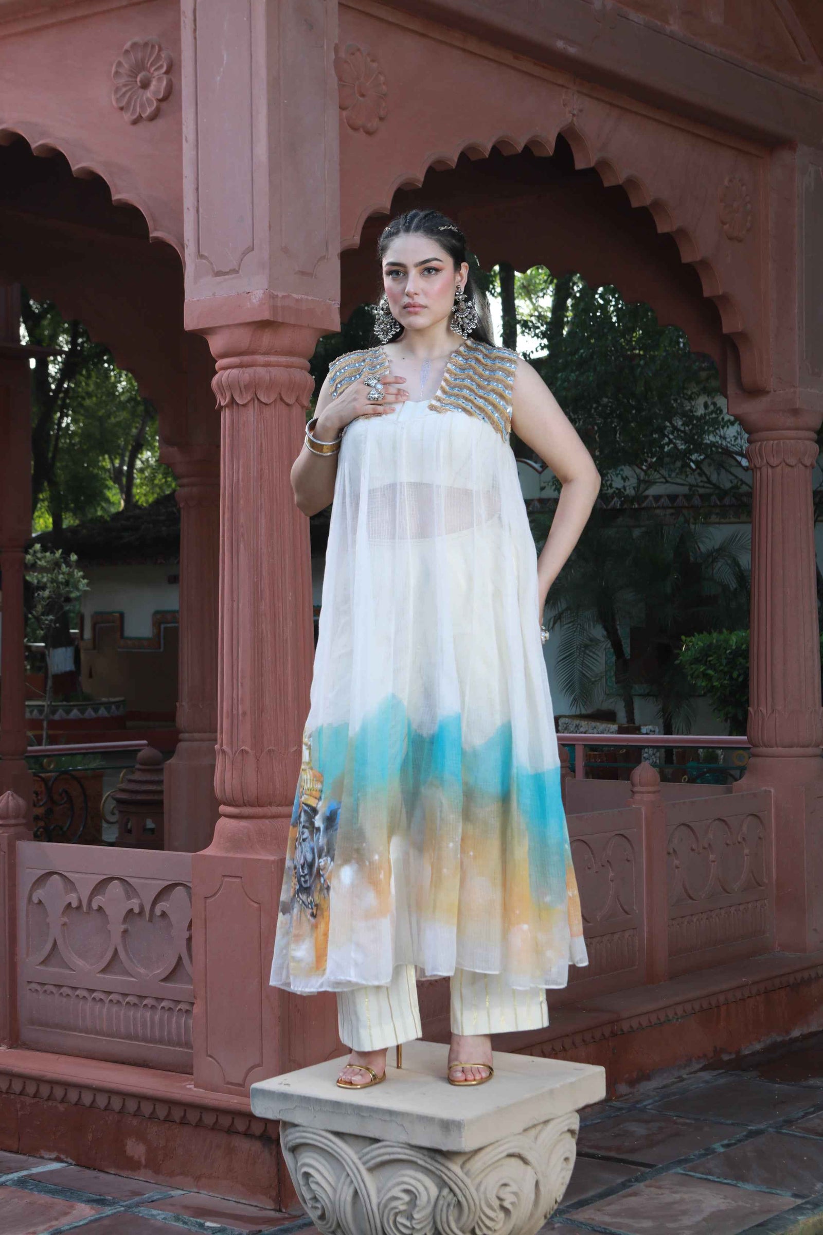 Hand Painted Kota Doria Kurta And Cotton Tube And Pants