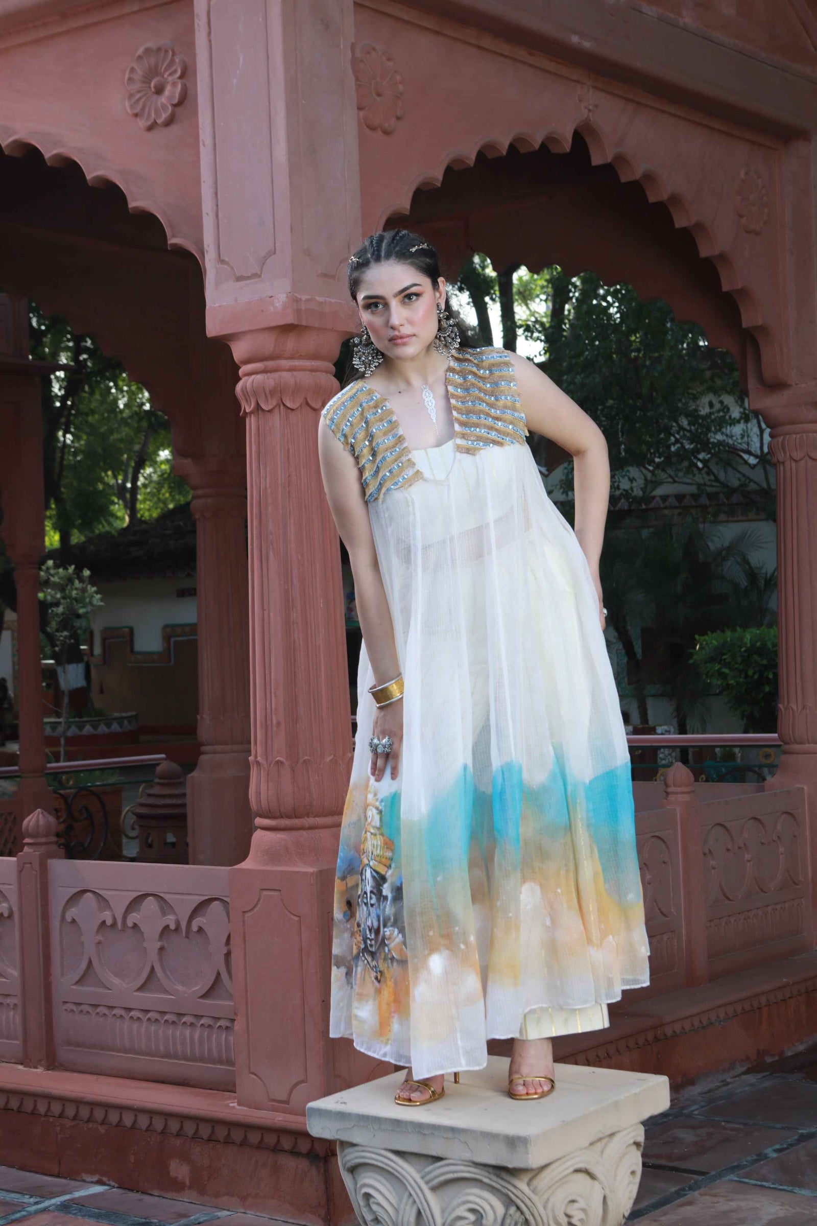 Hand Painted Kota Doria Kurta And Cotton Tube And Pants
