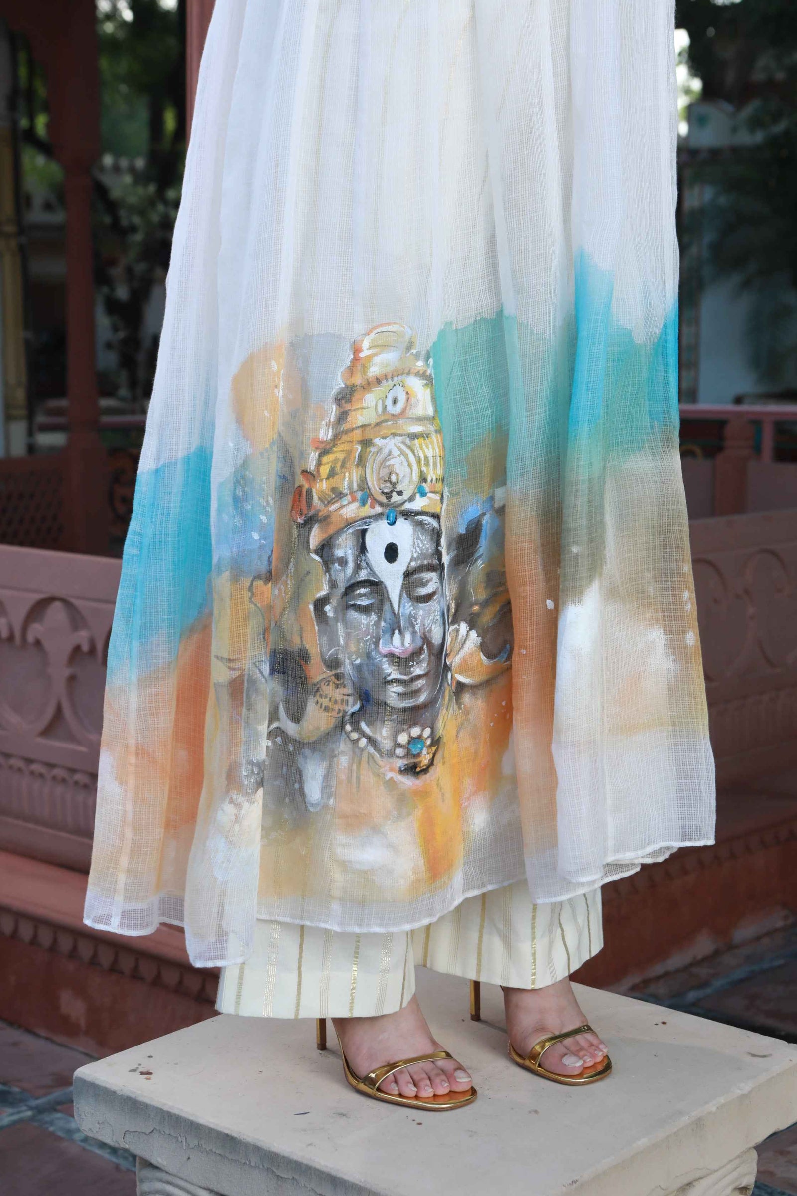 Hand Painted Kota Doria Kurta And Cotton Tube And Pants