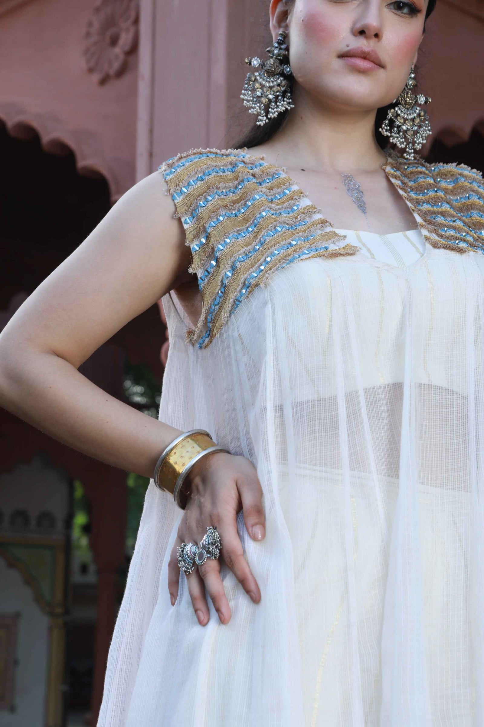 Hand Painted Kota Doria Kurta And Cotton Tube And Pants
