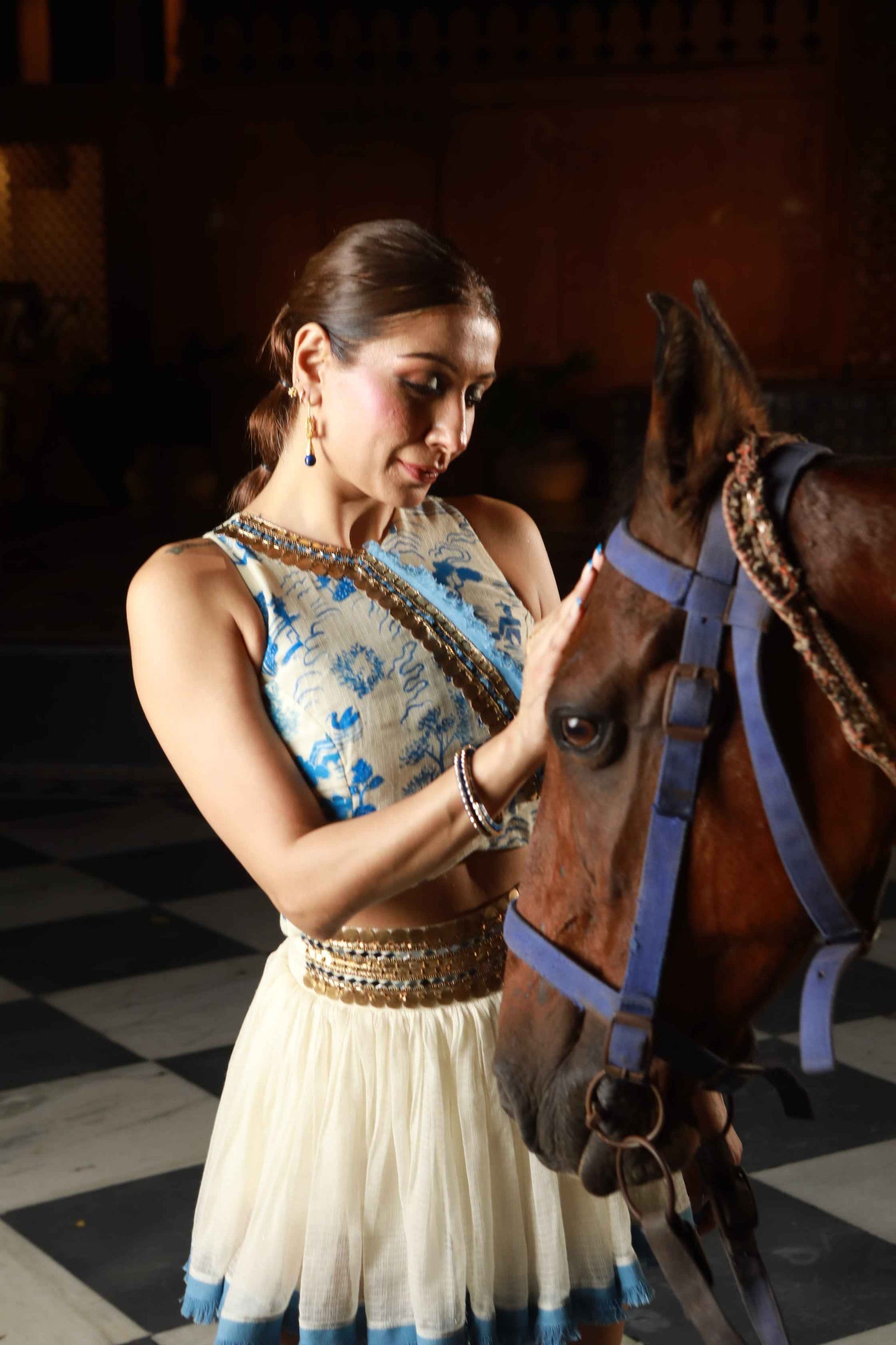 Kota Doria Hand Paint Top With Kota Doria Skirt With Denim Fringe Detail