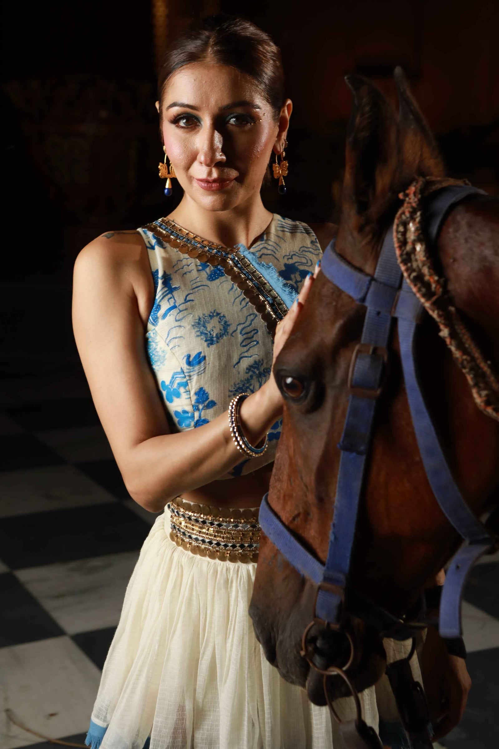 Kota Doria Hand Paint Top With Kota Doria Skirt With Denim Fringe Detail