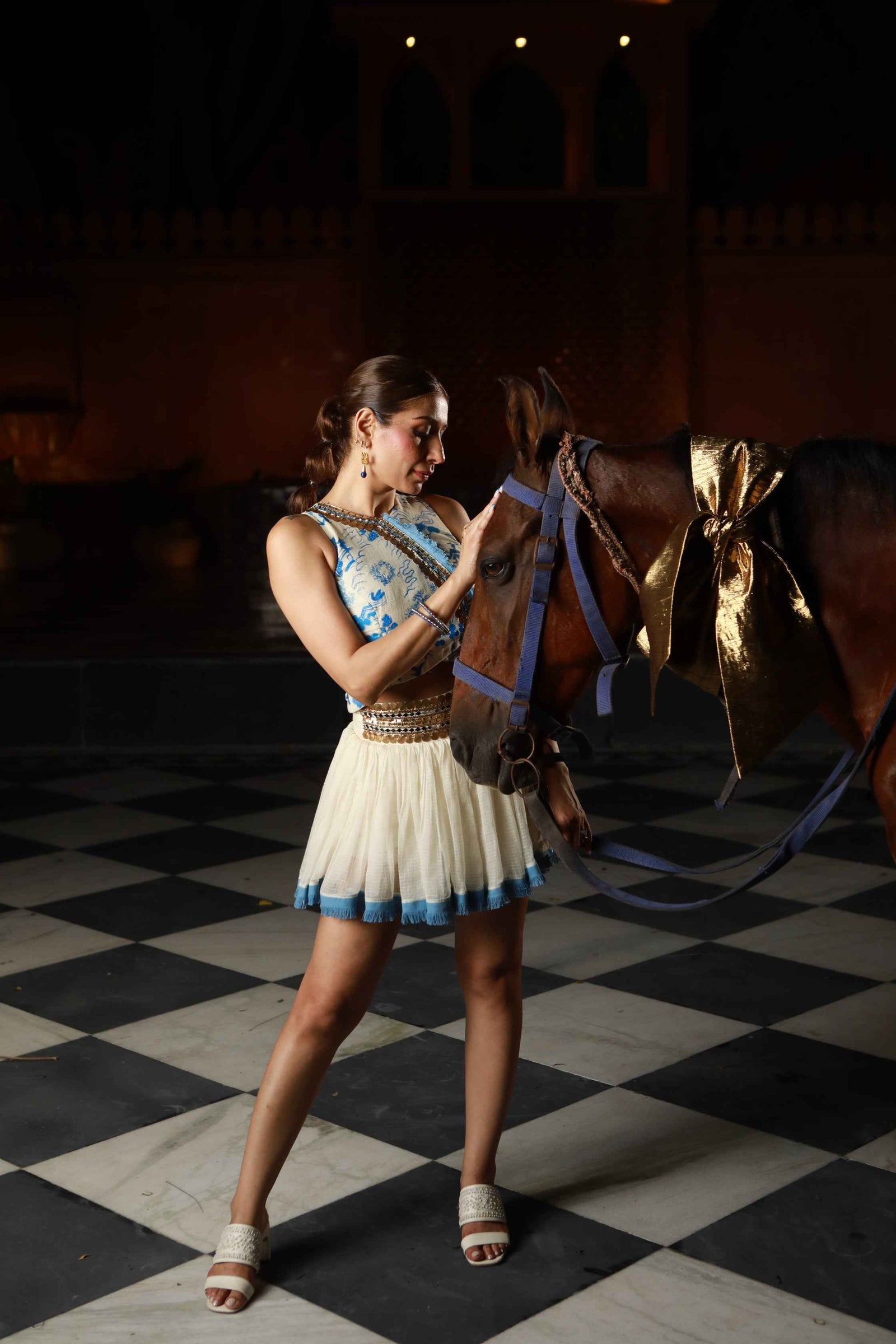 Kota Doria Hand Paint Top With Kota Doria Skirt With Denim Fringe Detail