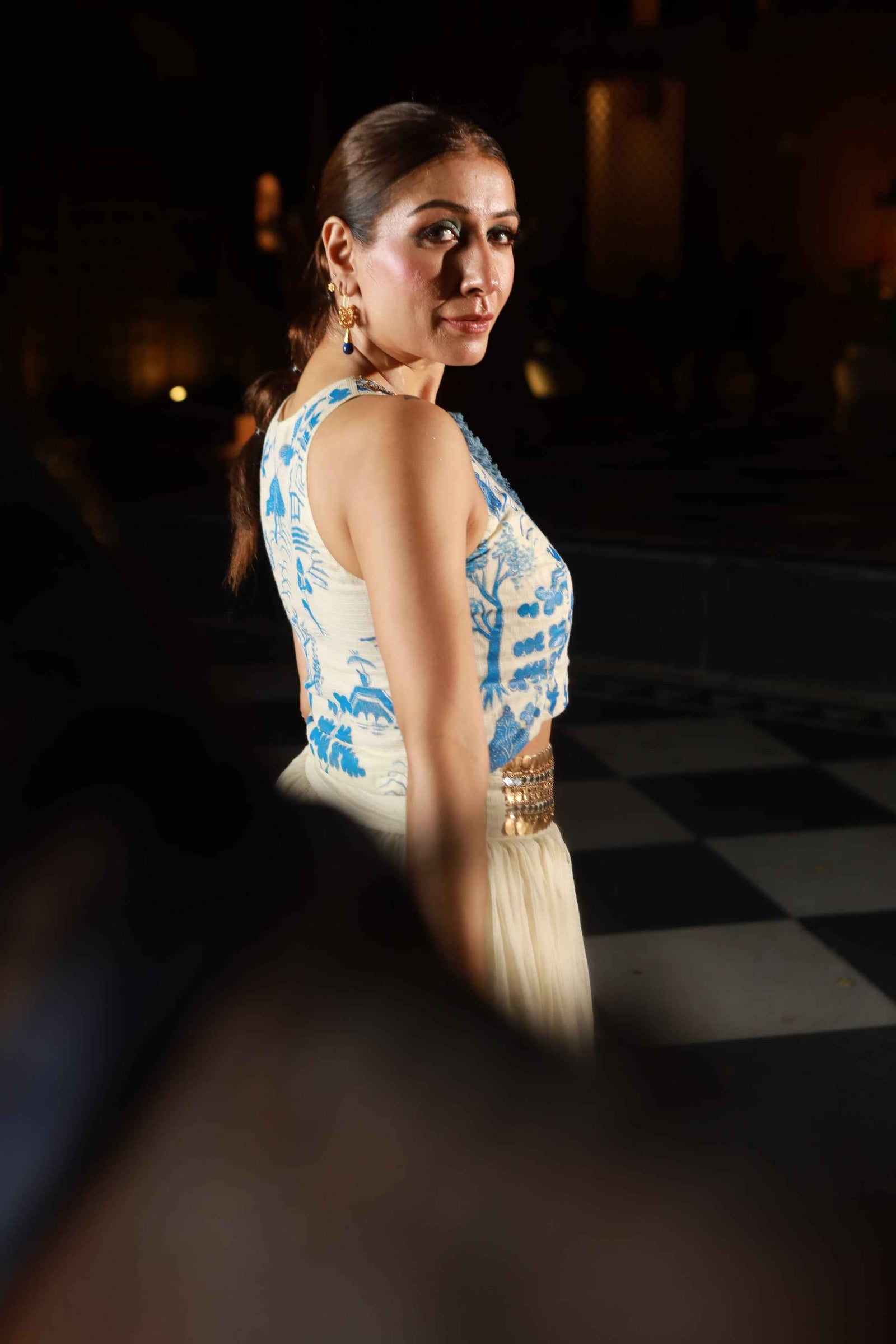 Kota Doria Hand Paint Top With Kota Doria Skirt With Denim Fringe Detail