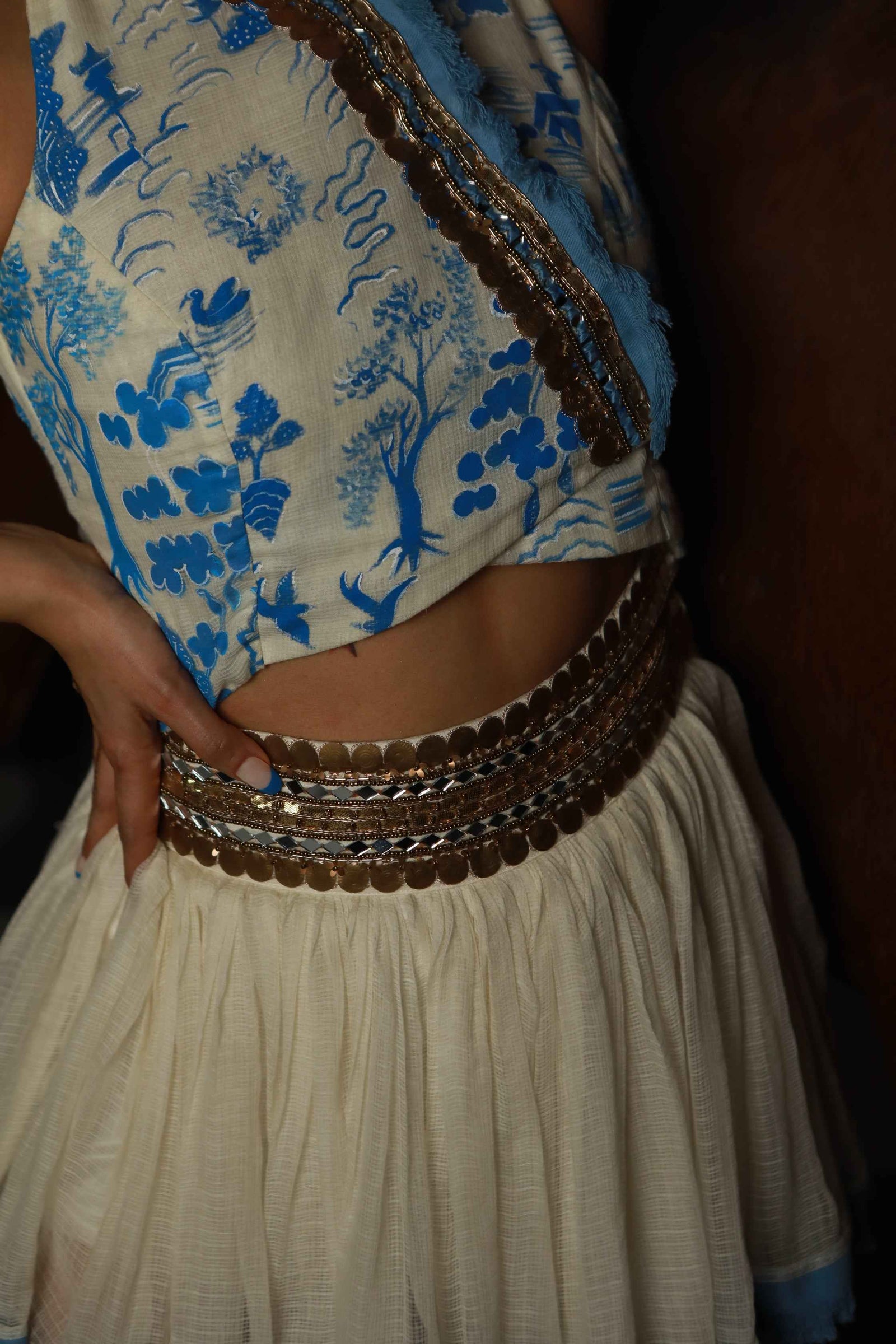 Kota Doria Hand Paint Top With Kota Doria Skirt With Denim Fringe Detail