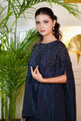 Blue Crepe Dress With Hand-Embroidered Nalki