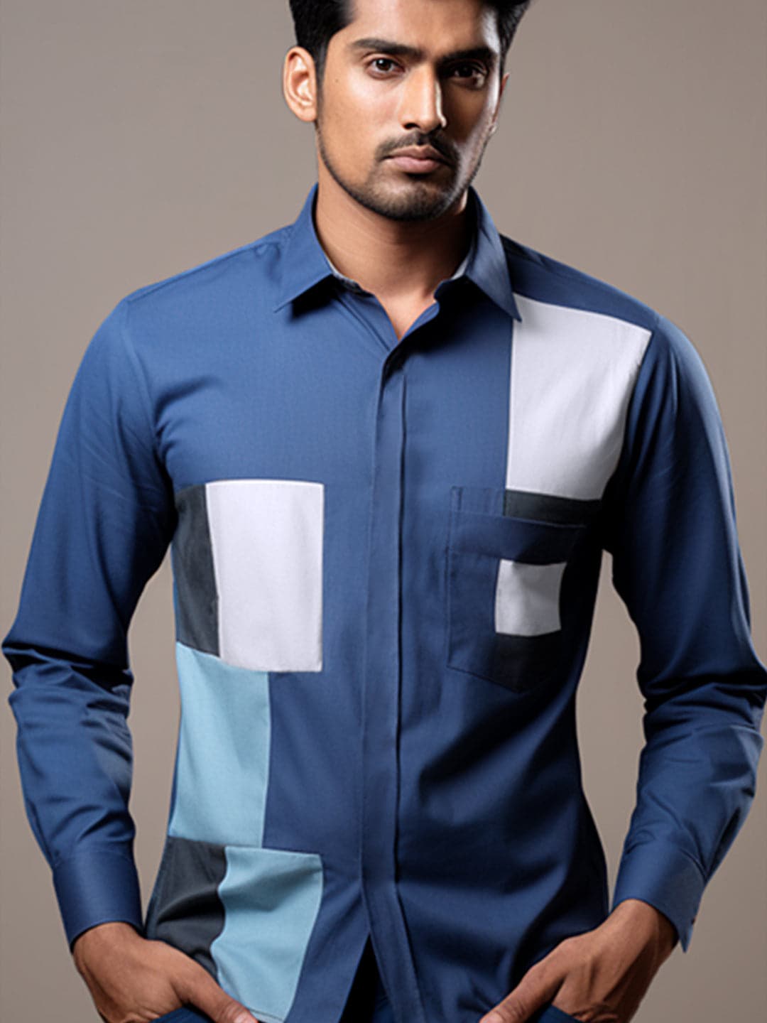 Colourblocked Spread Collar Cotton Casual Shirt