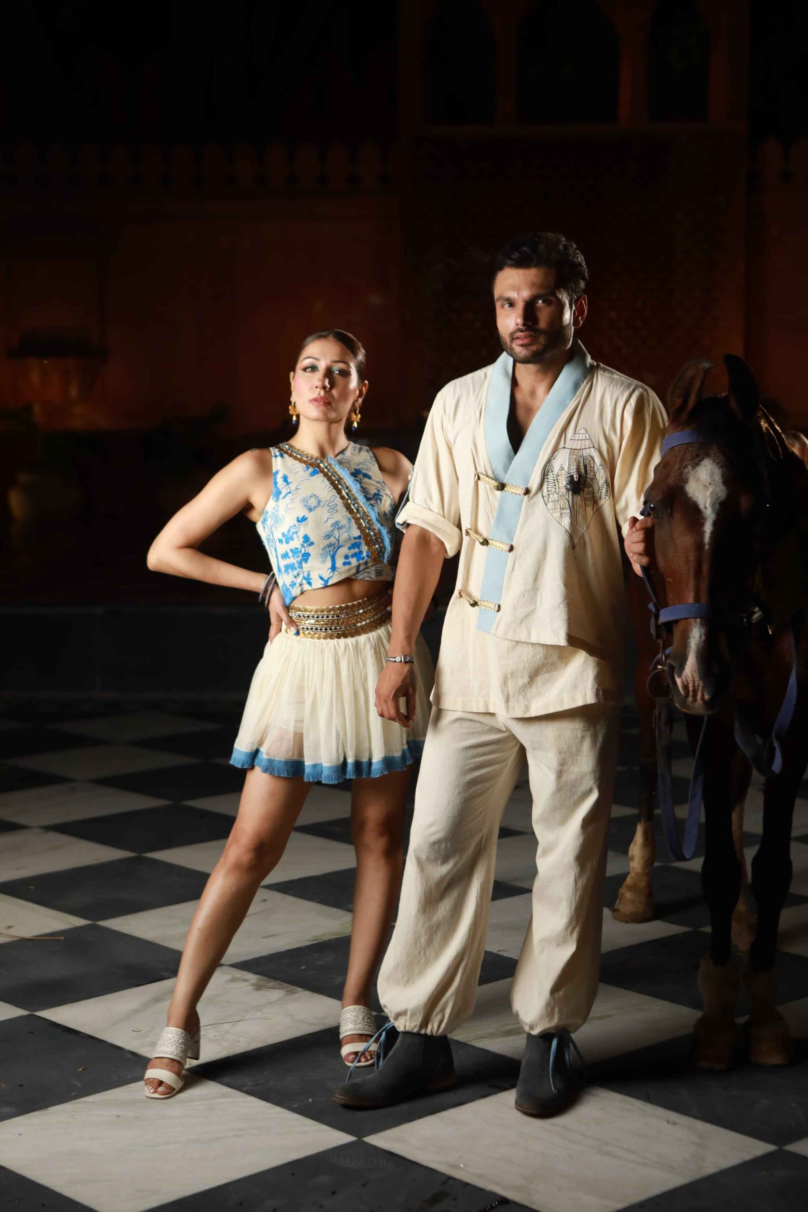 Kota Doria Hand Paint Top With Kota Doria Skirt With Denim Fringe Detail