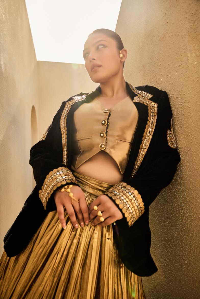 Velvet Blazer Silk Jacquard Waist Coat Crushed Lehanga