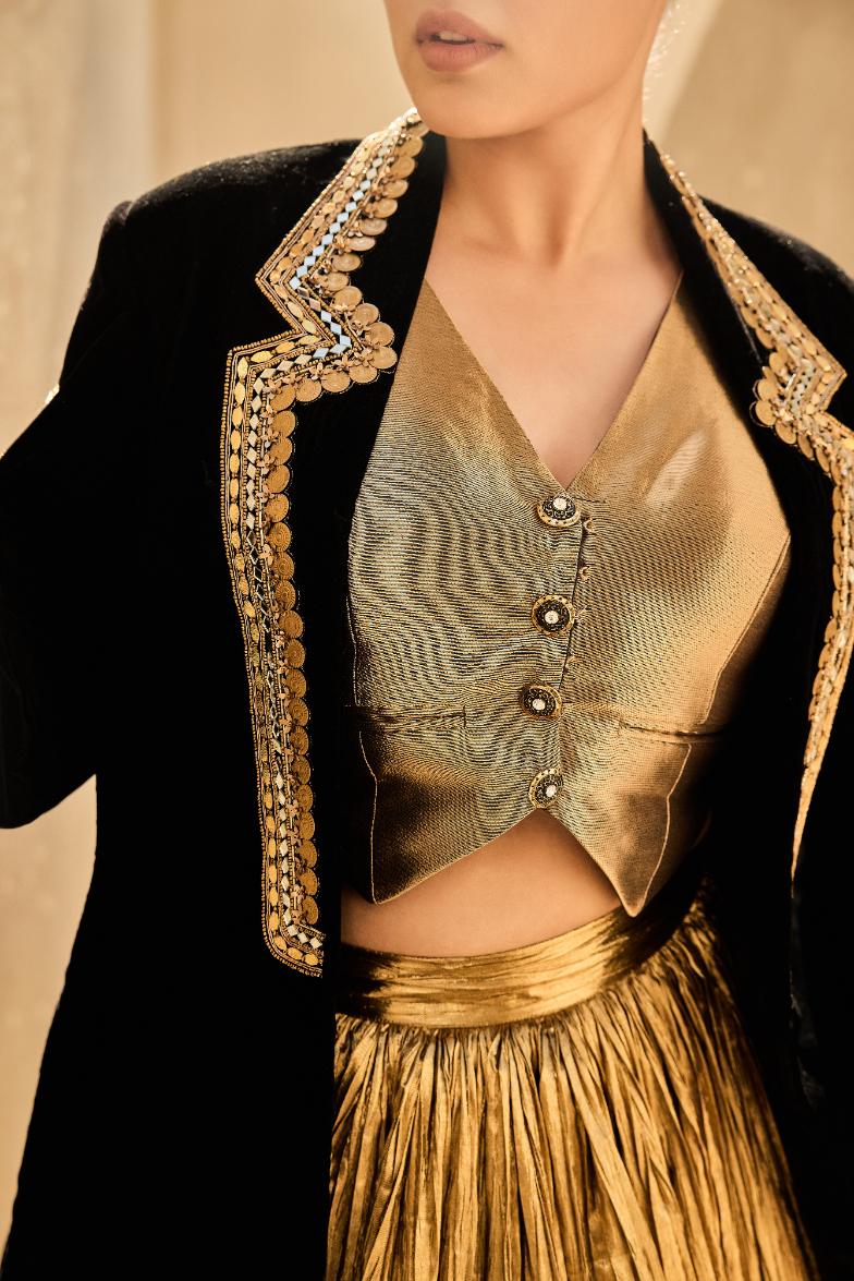 Velvet Blazer Silk Jacquard Waist Coat Crushed Lehanga