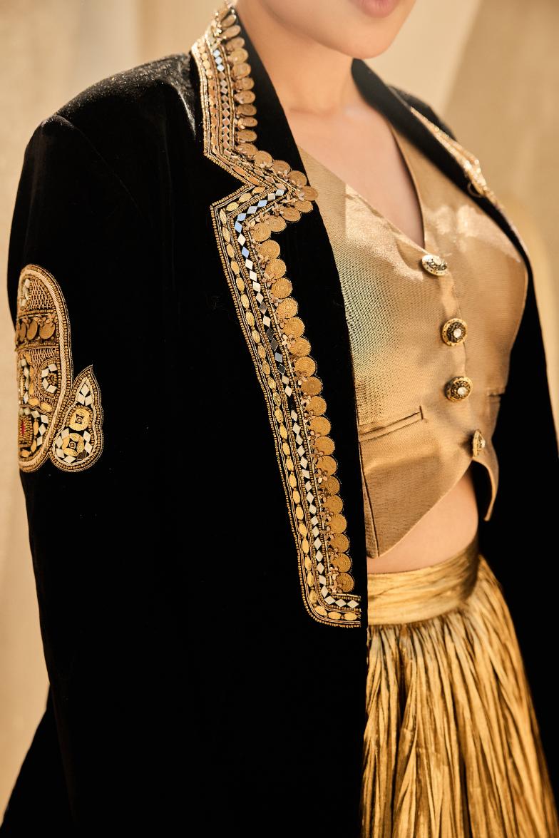 Velvet Blazer Silk Jacquard Waist Coat Crushed Lehanga