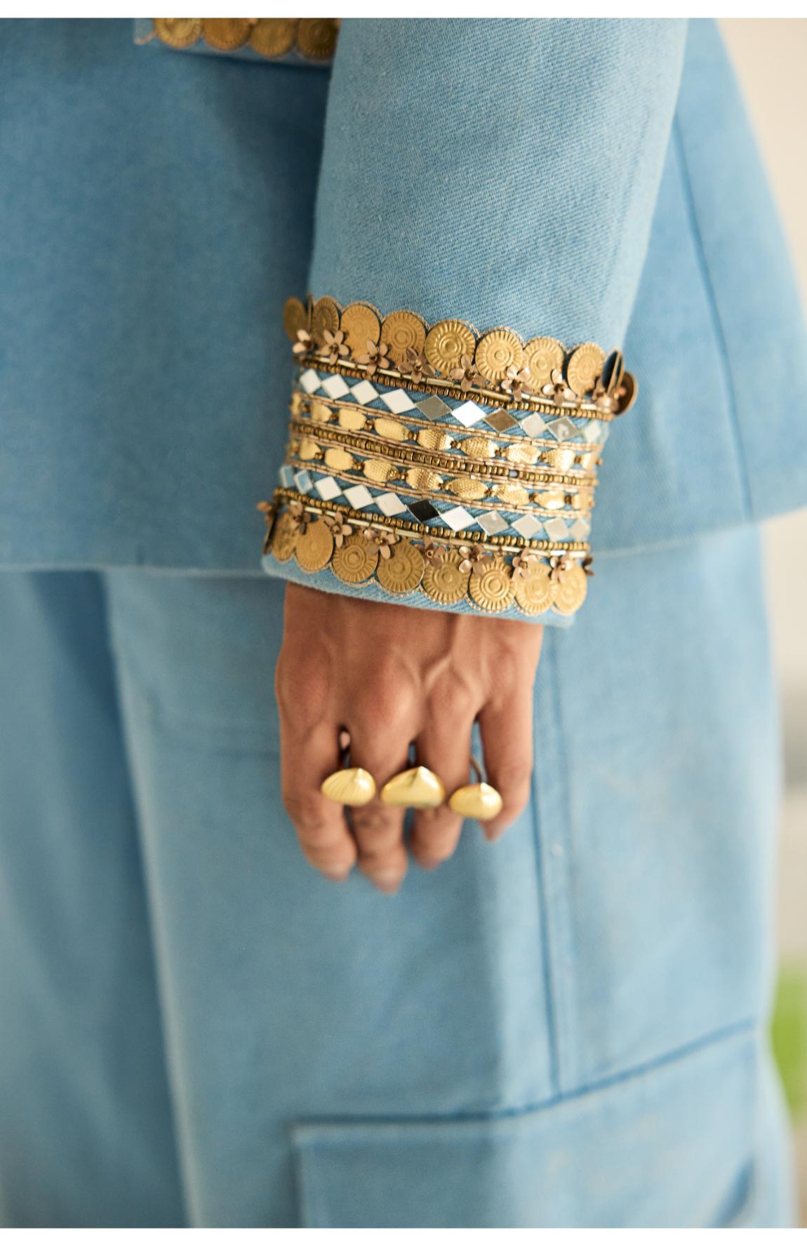 Denim Blazer Gold Bustier With Denim Cargo Pants