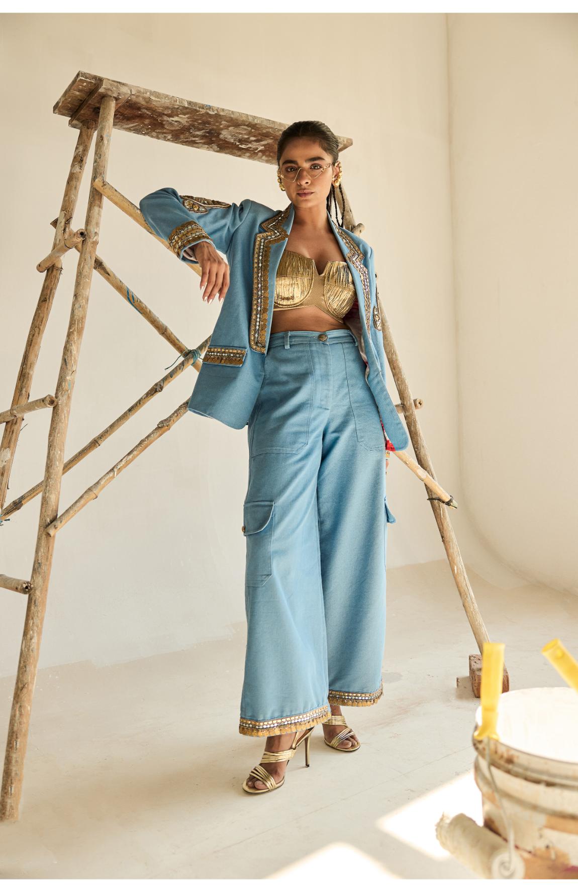 Denim Blazer Gold Bustier With Denim Cargo Pants