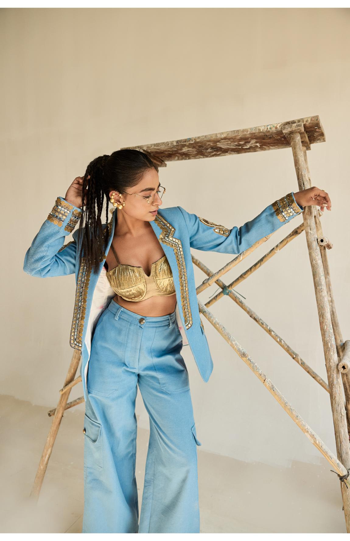 Denim Blazer Gold Bustier With Denim Cargo Pants