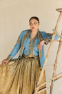 Denim Blazer And  Waist Coat And Silk Jecquard Crushed Lehanga
