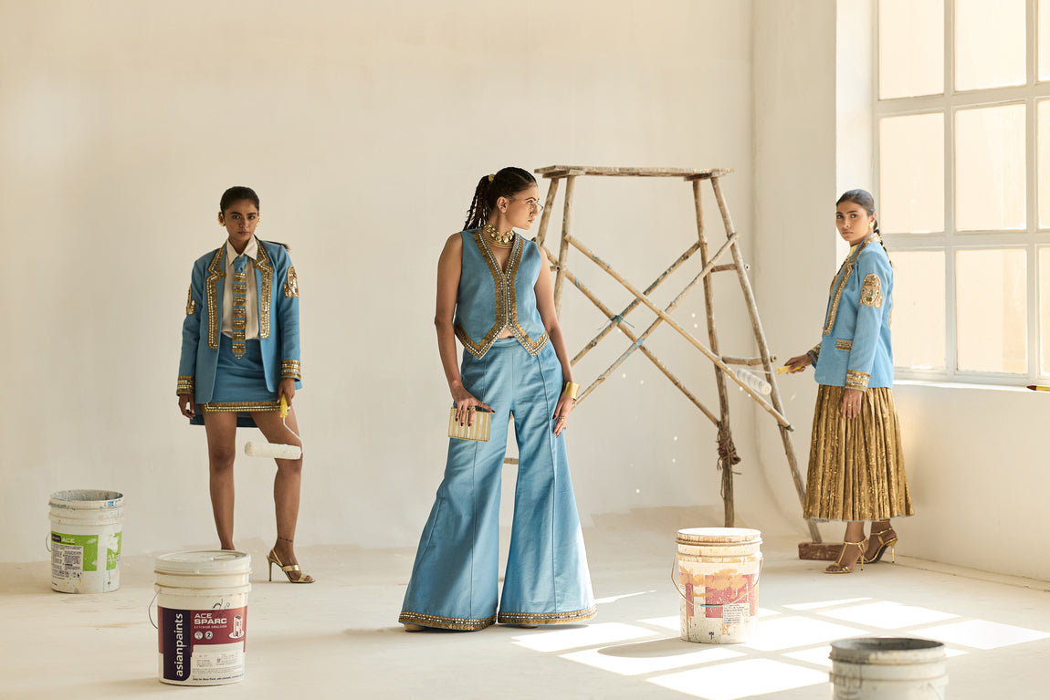 Denim Blazer Denim Tie Denim Short Skirt Kota Doria Shirt
