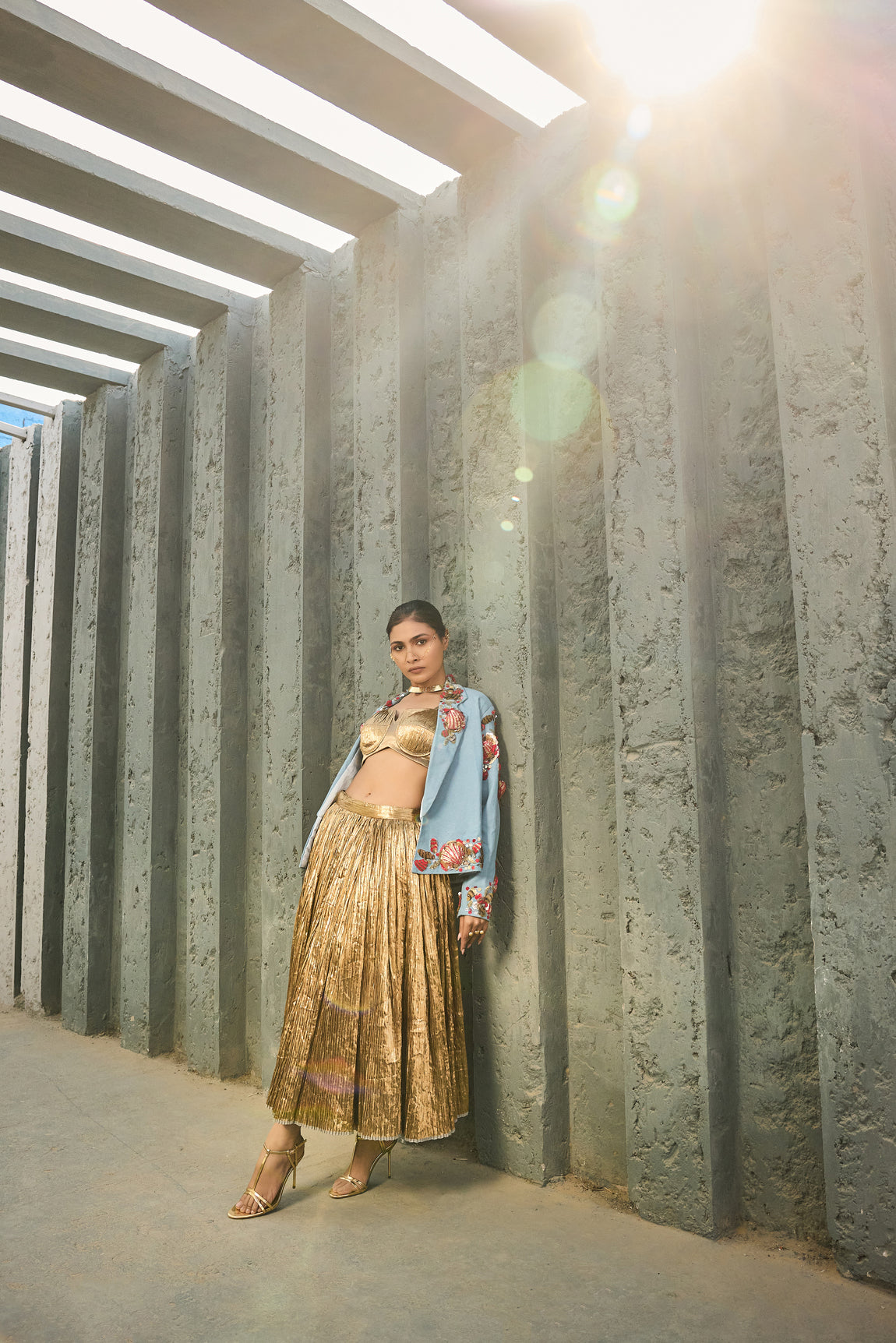 Denim Blazer Silk Jacquard Bustier Crushed Skirt