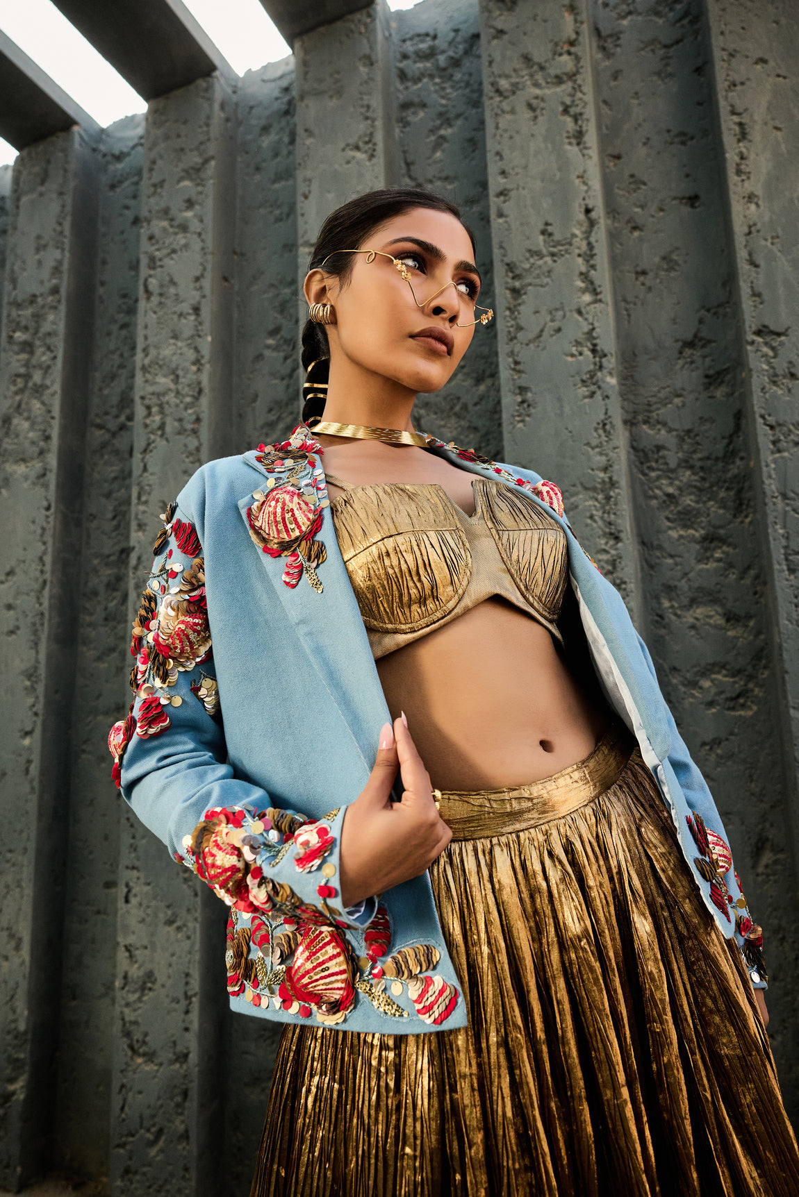 Denim Blazer Silk Jacquard Bustier Crushed Skirt