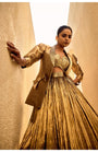 Gold Silk Jacquard Jacket With Gold Bustier And Gold Lehanga