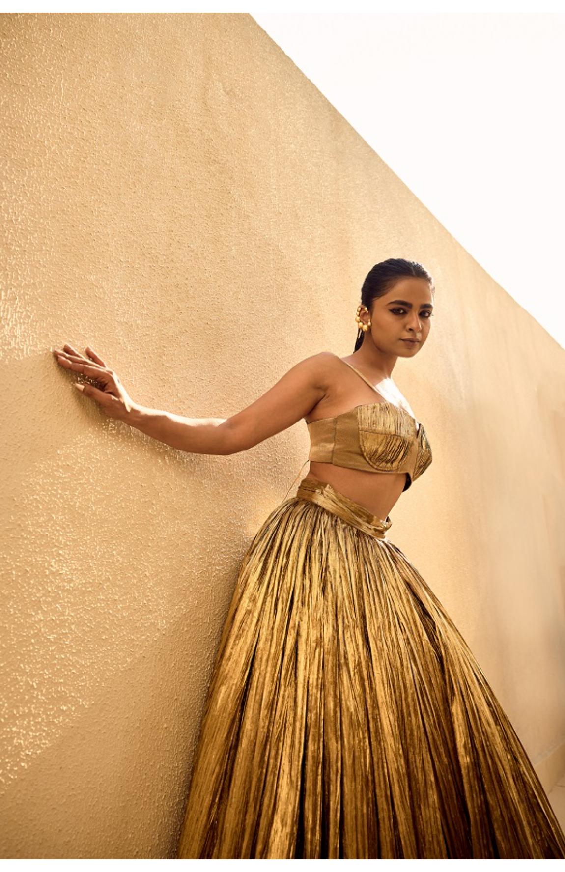 Gold Silk Jacquard Jacket With Gold Bustier And Gold Lehanga