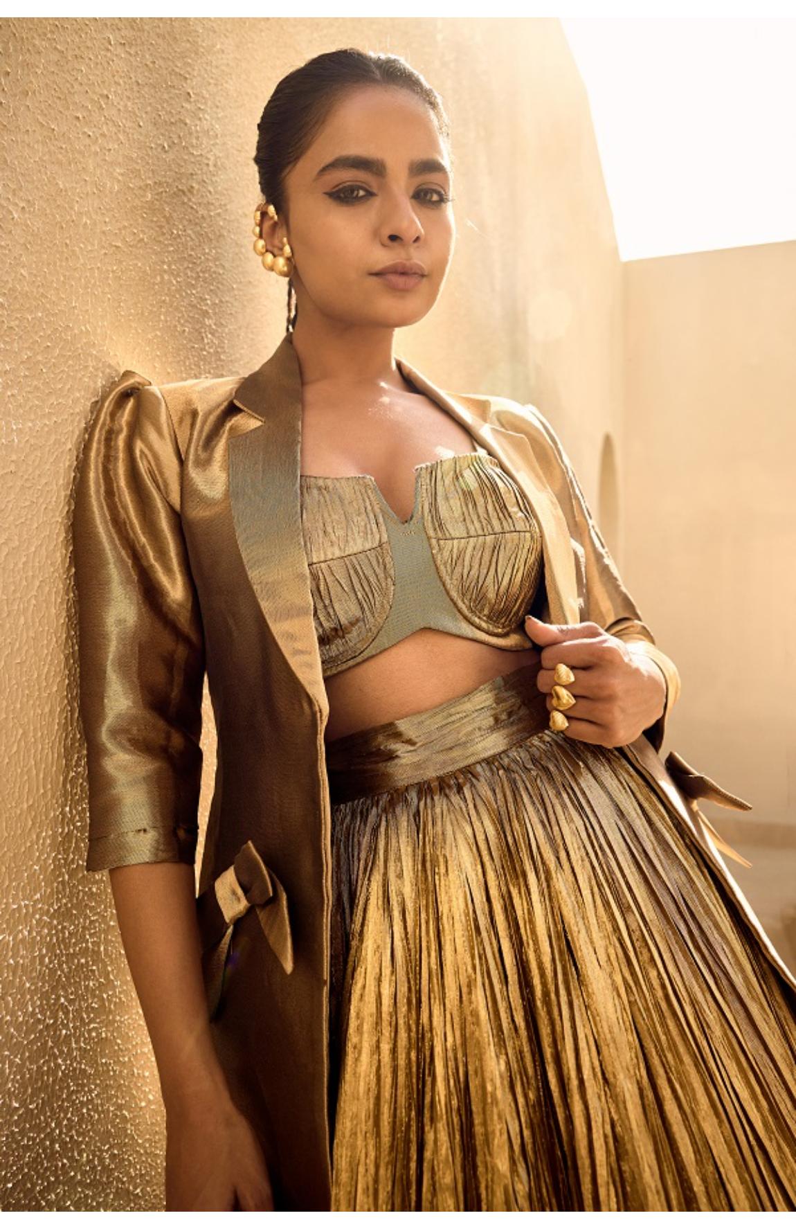 Gold Silk Jacquard Jacket With Gold Bustier And Gold Lehanga