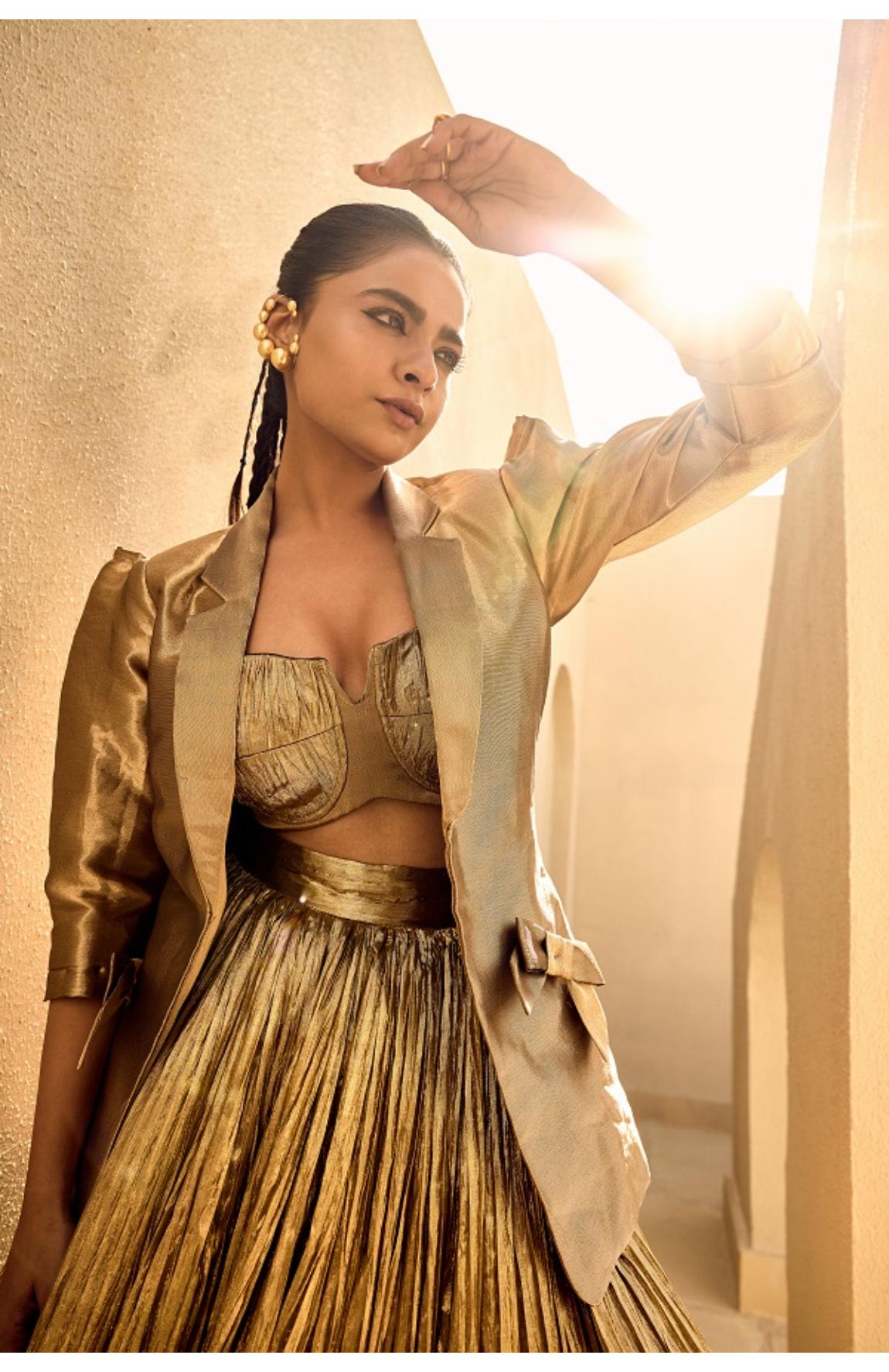 Gold Silk Jacquard Jacket With Gold Bustier And Gold Lehanga