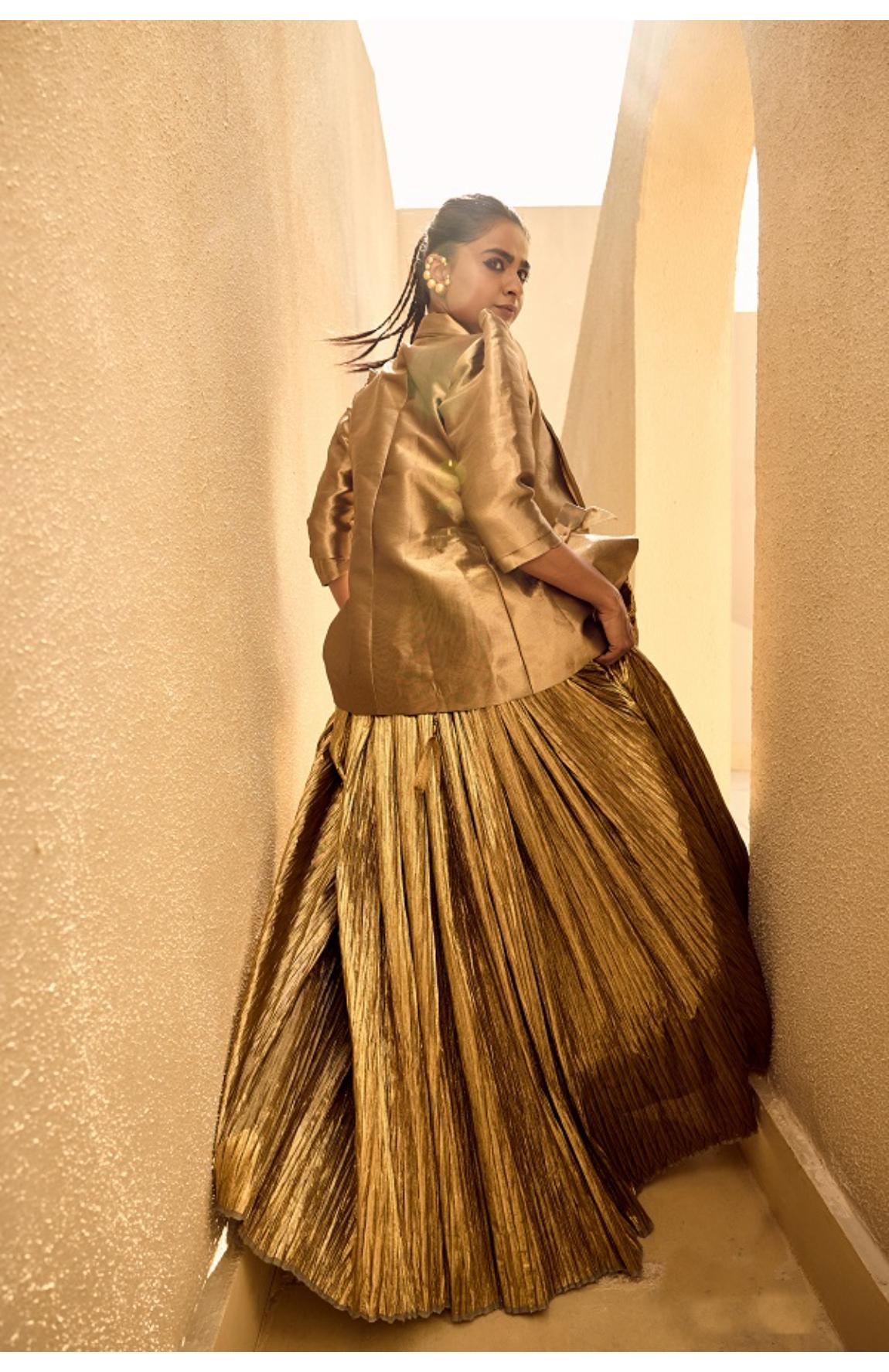 Gold Silk Jacquard Jacket With Gold Bustier And Gold Lehanga