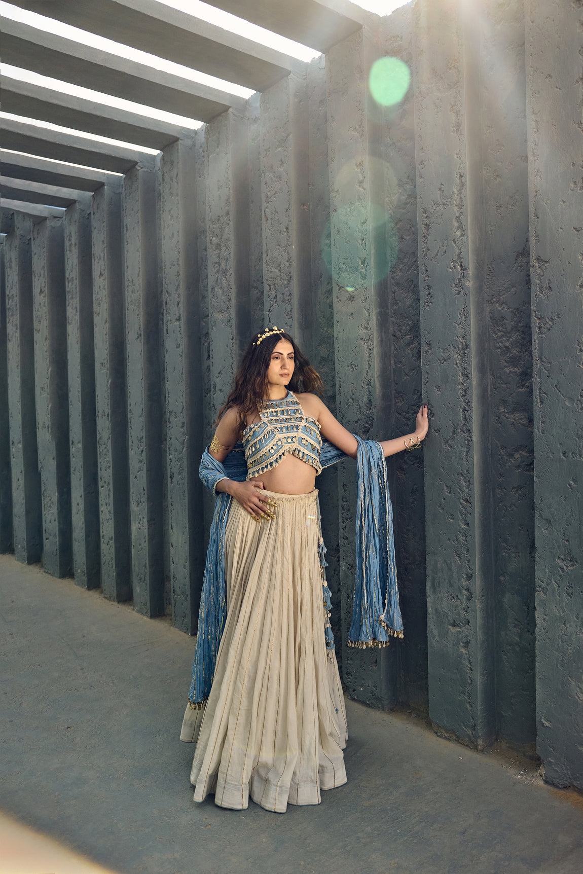 Halter Neck Crop Top With Mal Lehanga And Crushed Cotton Dupatta