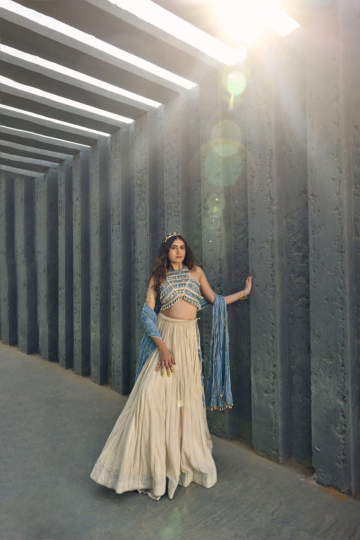 Halter Neck Crop Top With Mal Lehanga And Crushed Cotton Dupatta