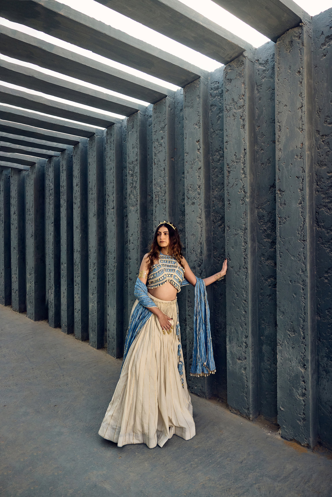 Halter Neck Crop Top With Mal Lehanga And Crushed Cotton Dupatta