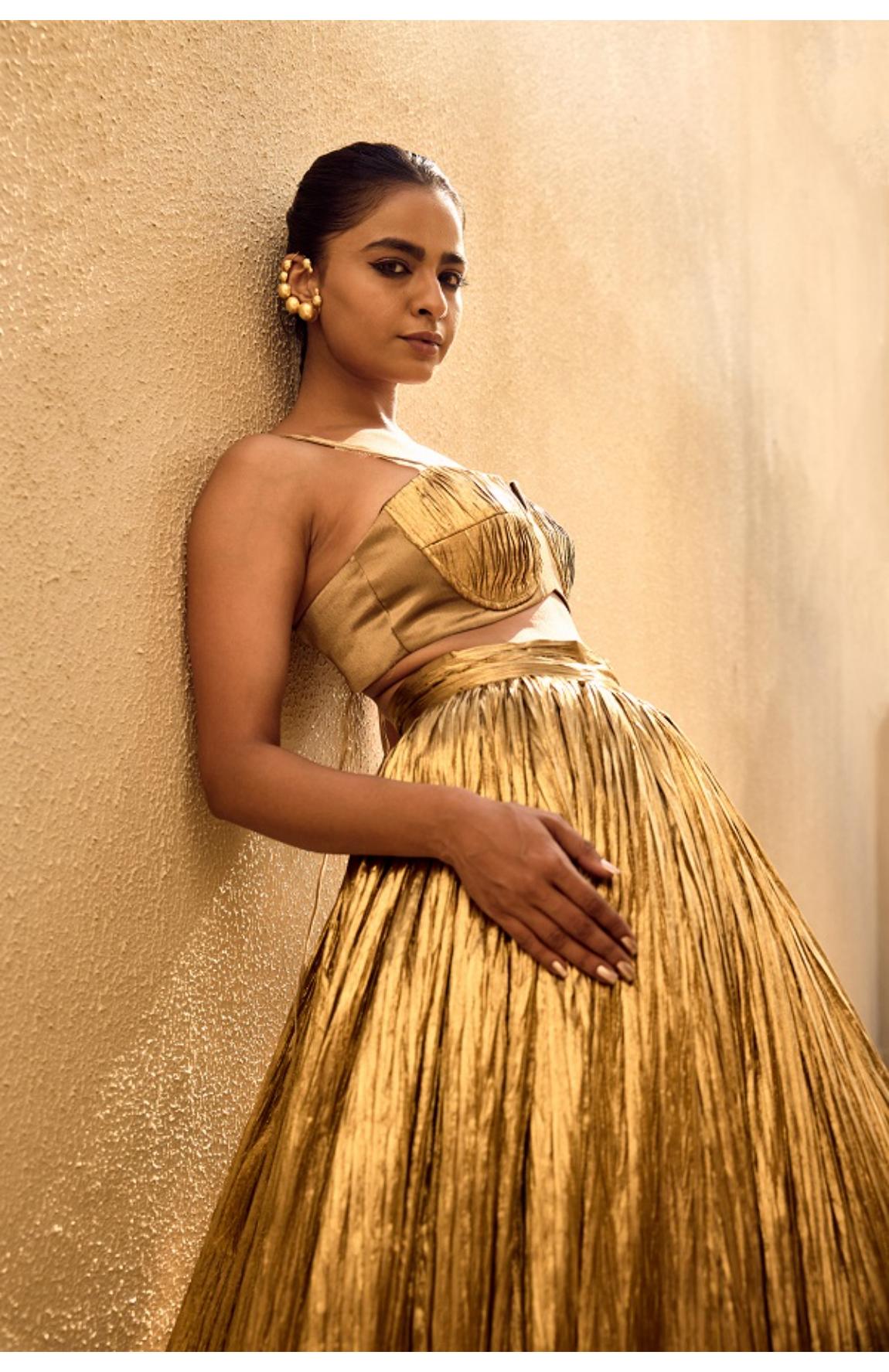 Gold Bustier And Gold Skirt