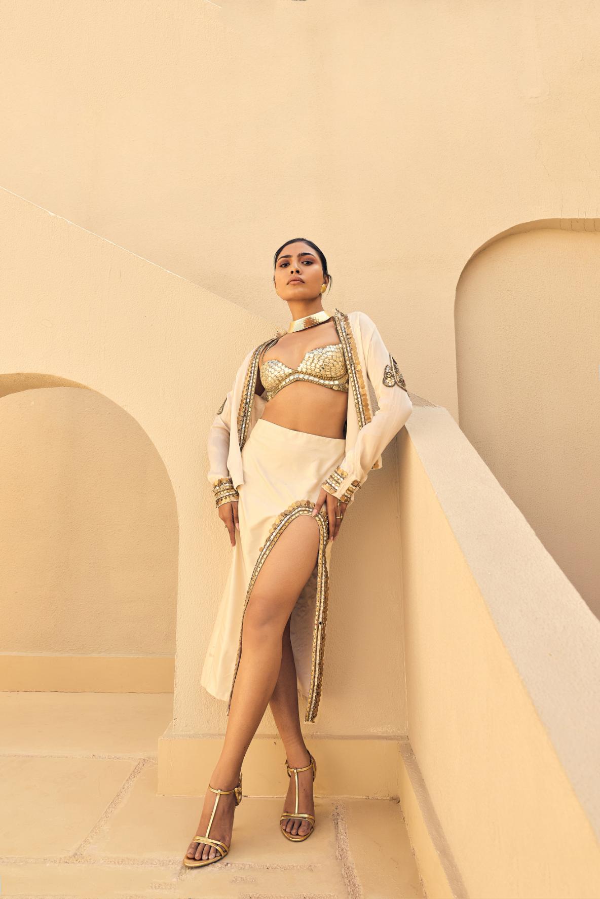 Ivory Satin Organza Embellished Jacket With Skirt And Sequence  Work Bralette