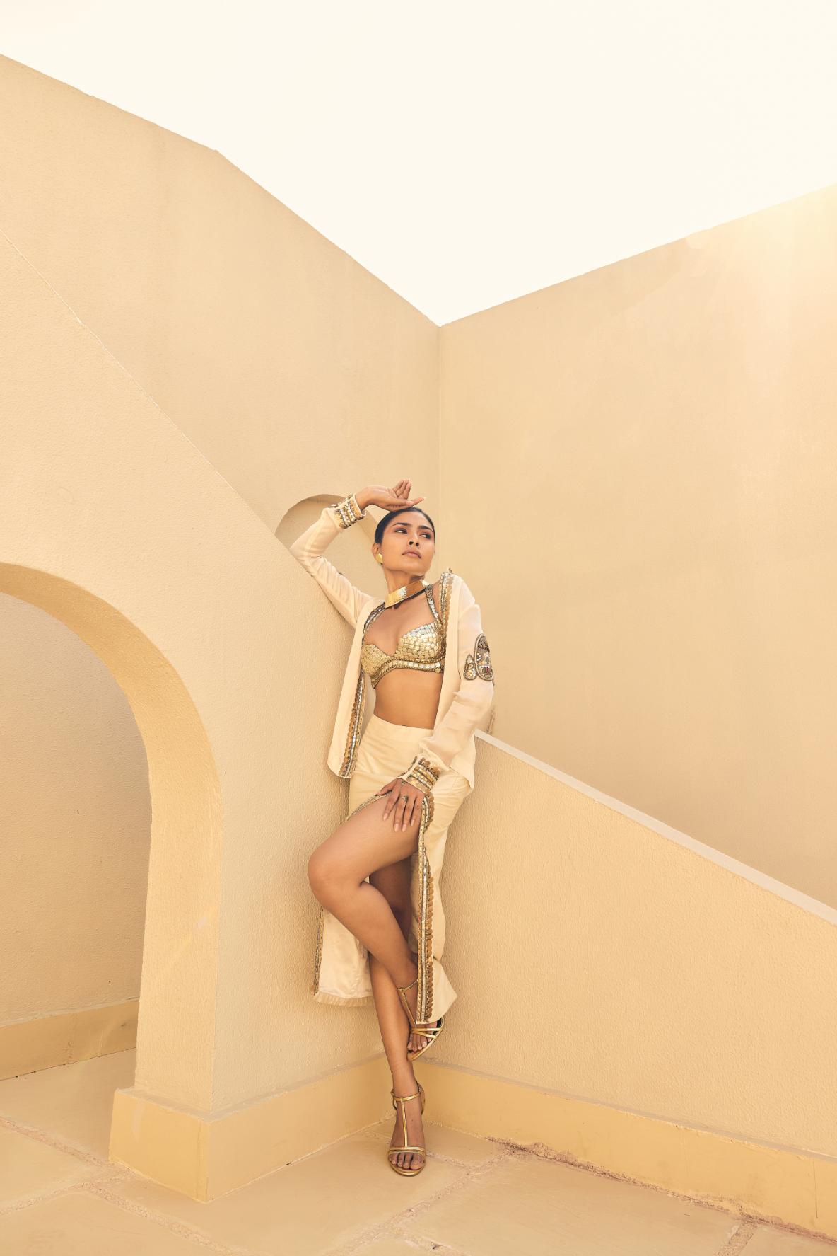 Ivory Satin Organza Embellished Jacket With Skirt And Sequence  Work Bralette