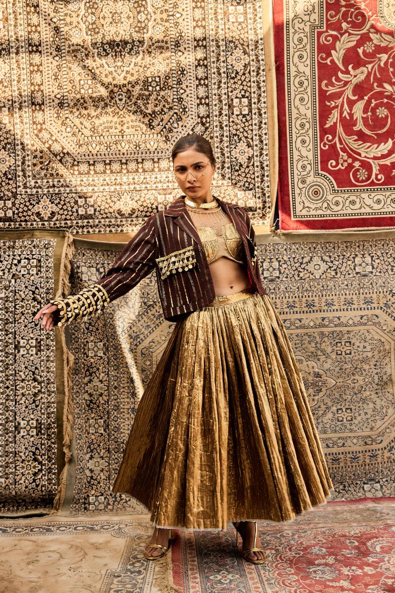 Cotton Brown  Jacket  Silk Jacquard Bustier                                        Crushed Skirt