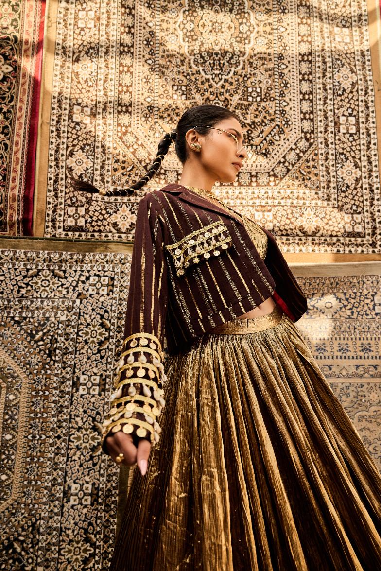 Cotton Brown  Jacket  Silk Jacquard Bustier                                        Crushed Skirt