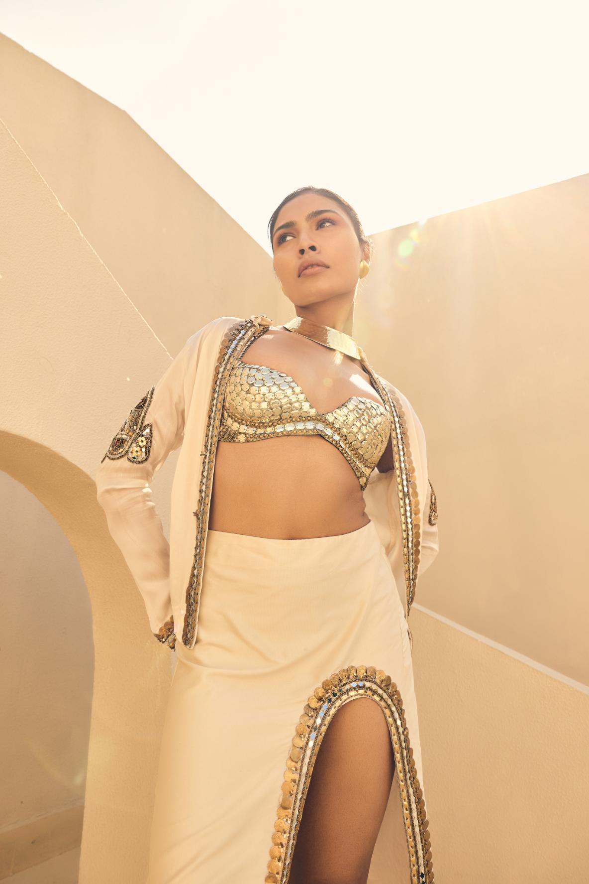 Ivory Satin Organza Embellished Jacket With Skirt And Sequence  Work Bralette