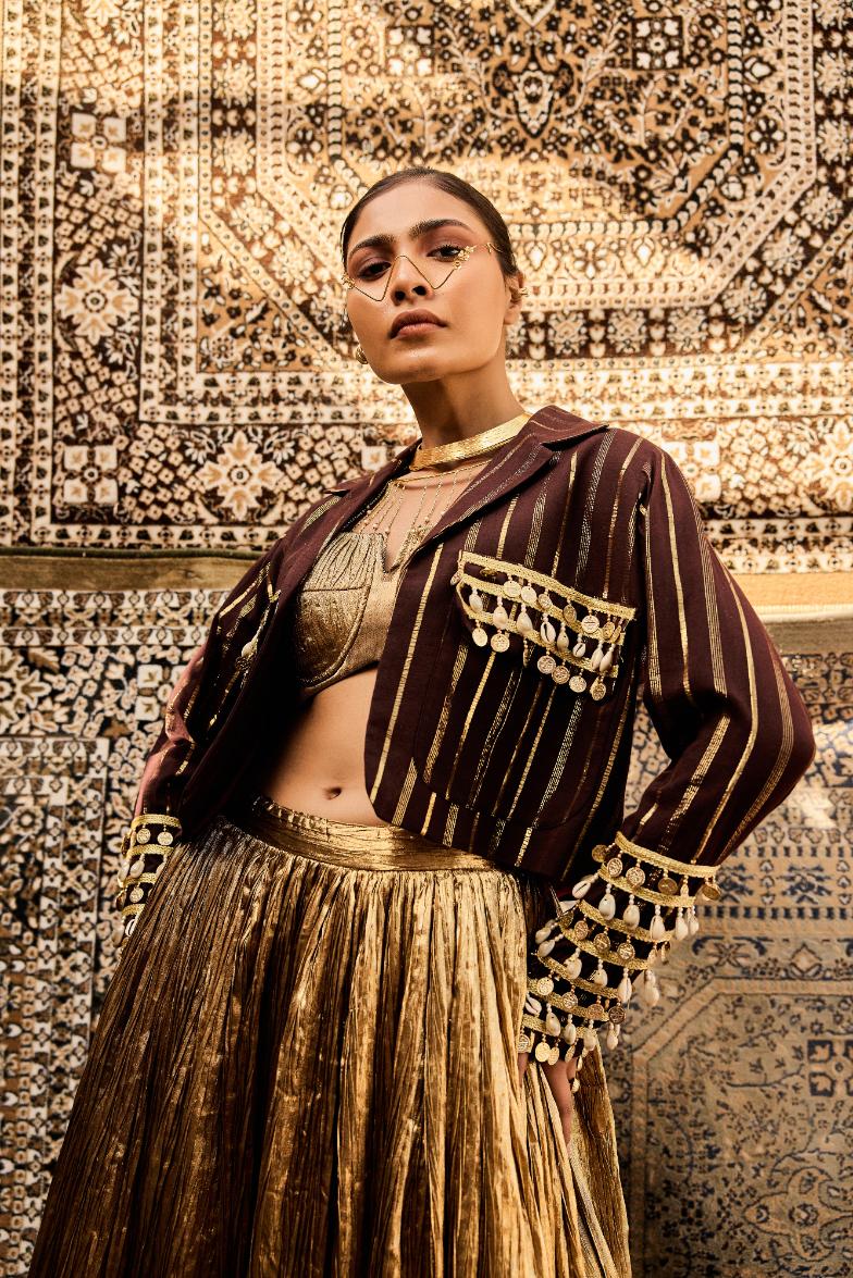 Cotton Brown  Jacket  Silk Jacquard Bustier                                        Crushed Skirt