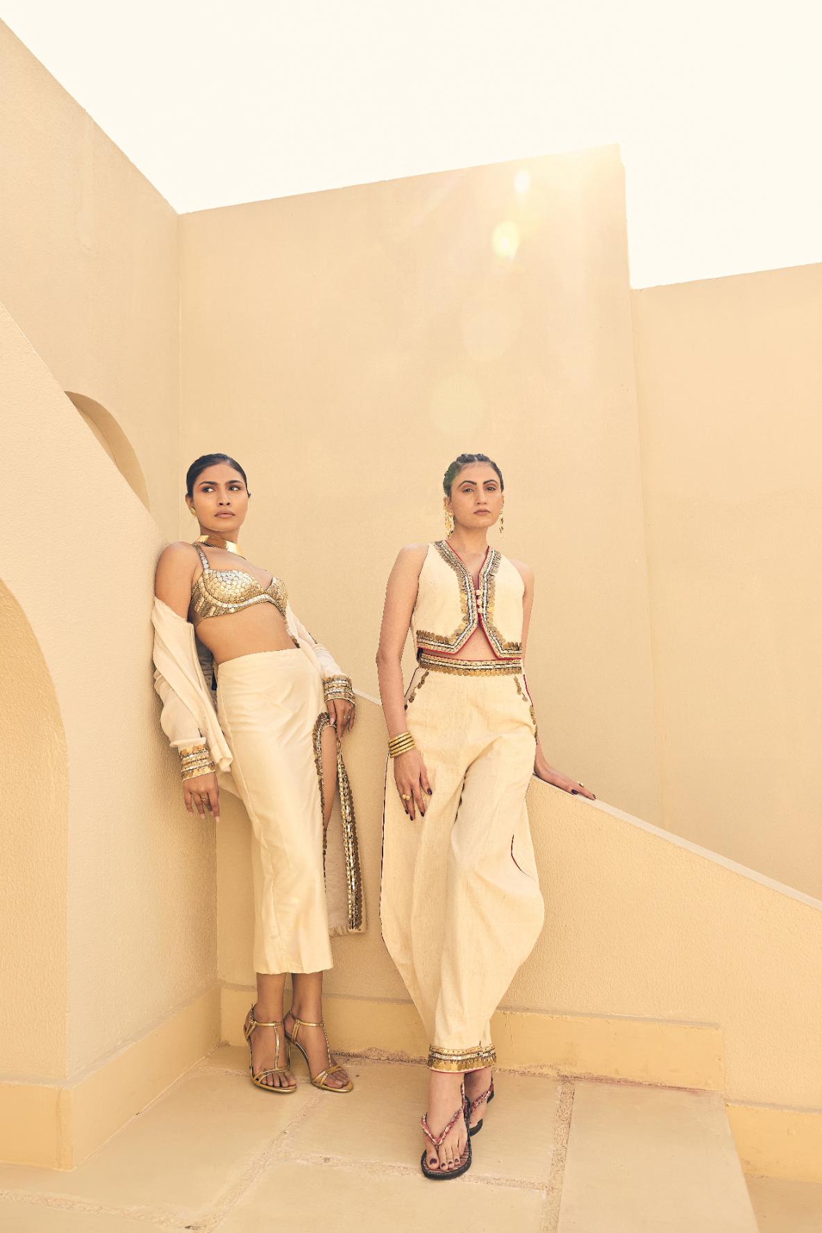 Ivory Satin Organza Embellished Jacket With Skirt And Sequence  Work Bralette