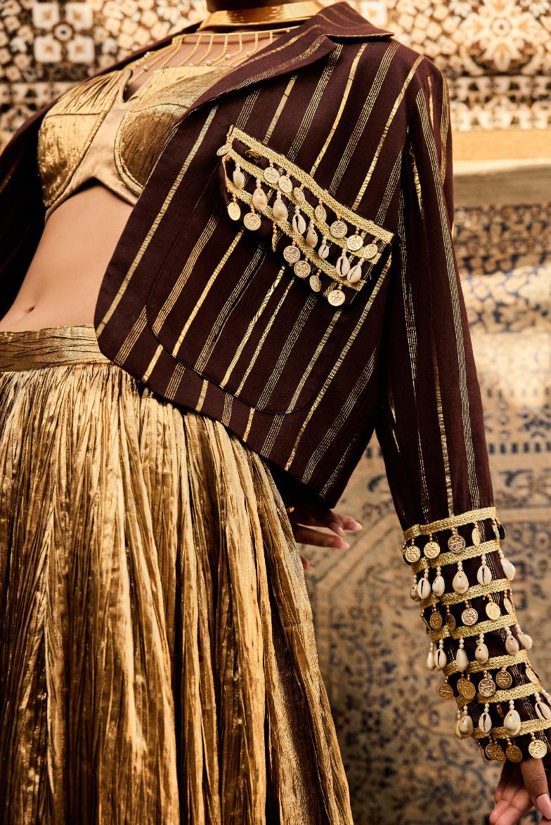 Cotton Brown  Jacket  Silk Jacquard Bustier                                        Crushed Skirt